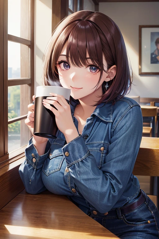 (Photorealistic:1.8, highest quality:1.8,8K masterpiece:1.8,High resolution,Mastepiece:1.8,RAW Photos,Cinematic lighting),No split screen、morning、Cafe、（A woman holding a coffee cup)、(Soryu Asuka Langley)、Knee Shot、
（Completely naked、choker、Medium chest、White Shirt、Micro short denim、Wide open chest、Beautiful thighs、Plump nipples）、Random Pause、
(short hair、Beautiful, shining red, blue, white, and brown hair:1.5)、Beautiful and detailed blue eyes、greet、Smile