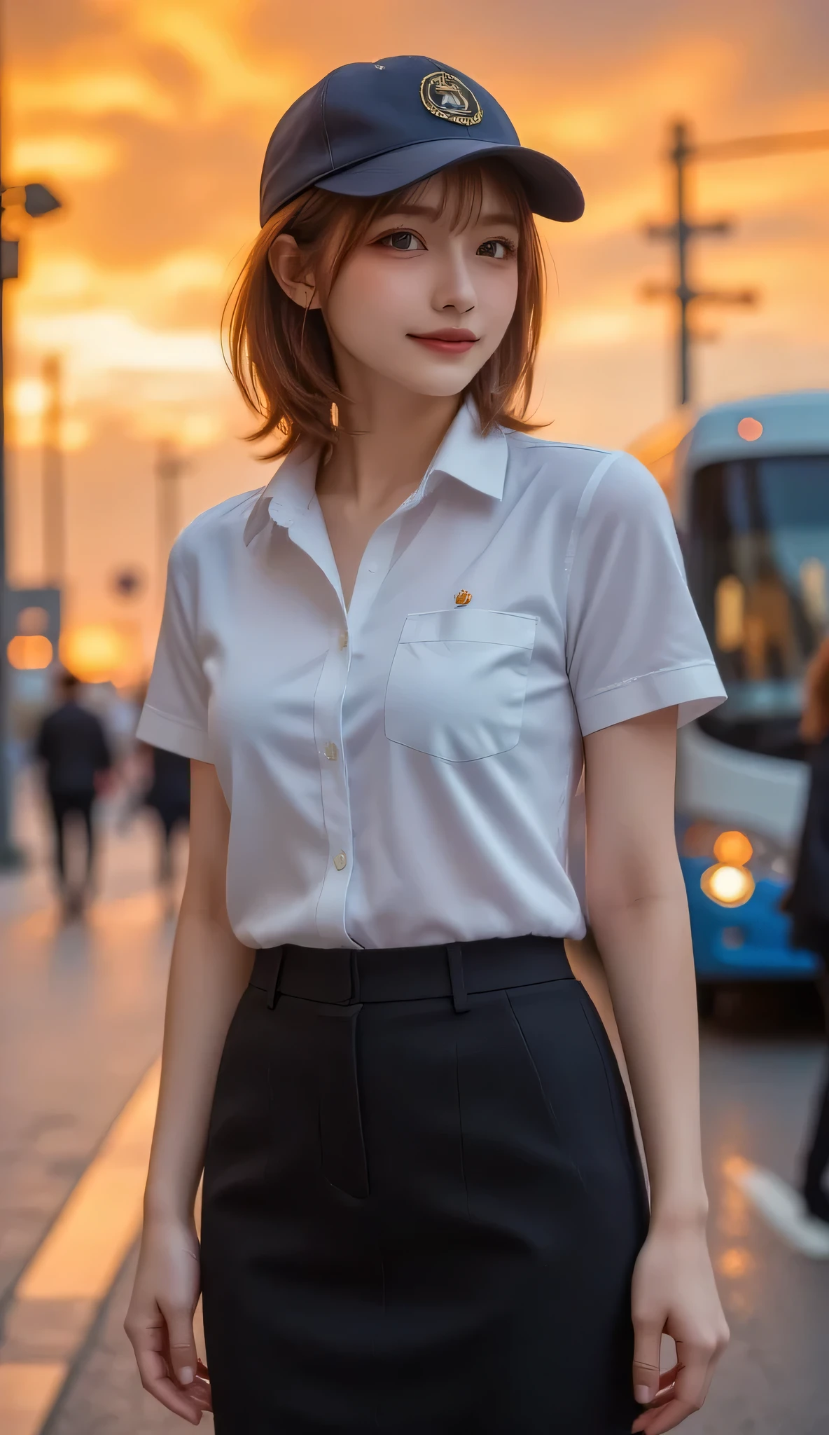  1 girl, Alone, Red Hair, red eyes,  twin tails, employee uniform , Pencil Skirt, Navy Cap, Orange Sky,  outdoor, station, Standing in front of the bus,