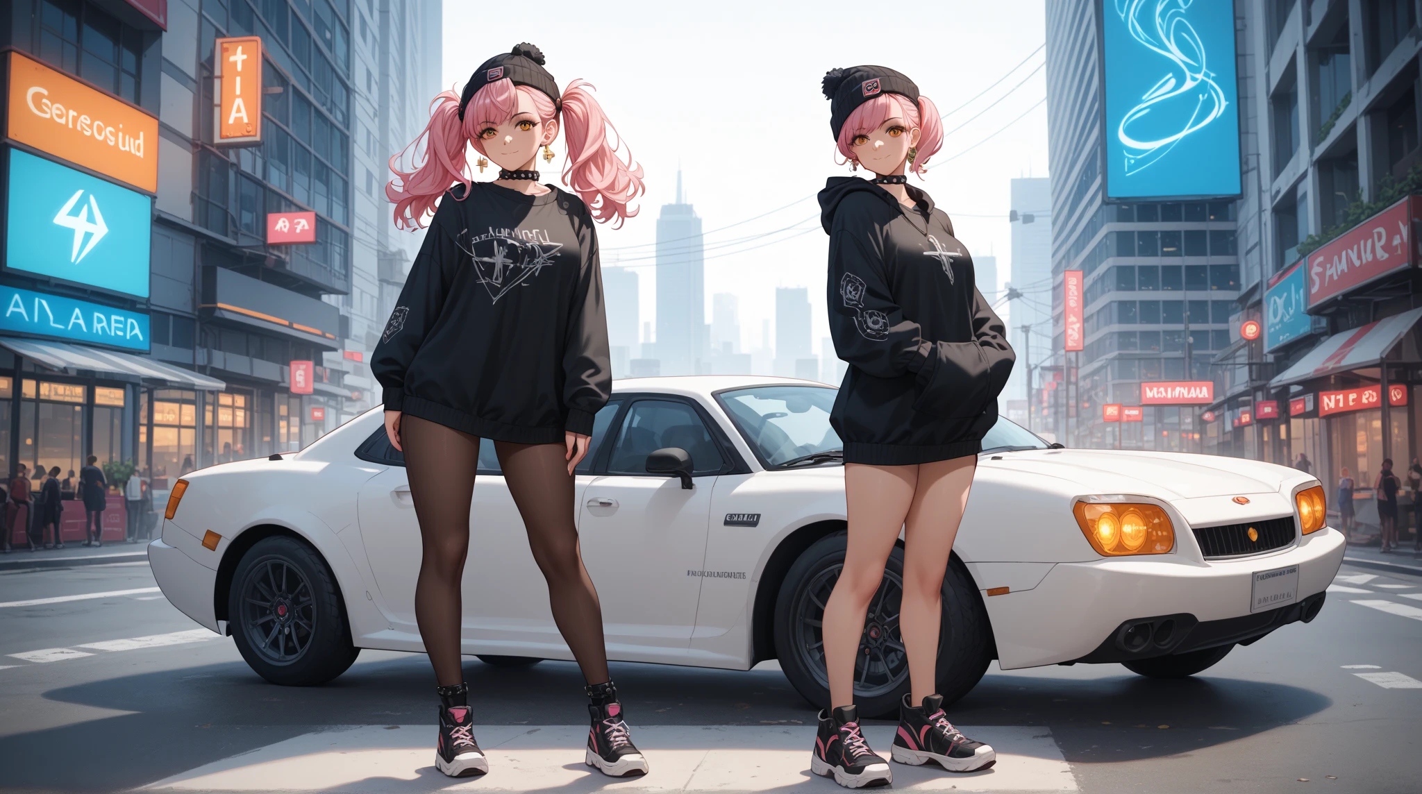 Two 18 year old Japanese girls, fighting , cyberpunk Japanese samurai armor, black tennis shoes, black face mask with eyes visible, determined eyes.,all with neon pink accents.  Standing, front view. Sexy 