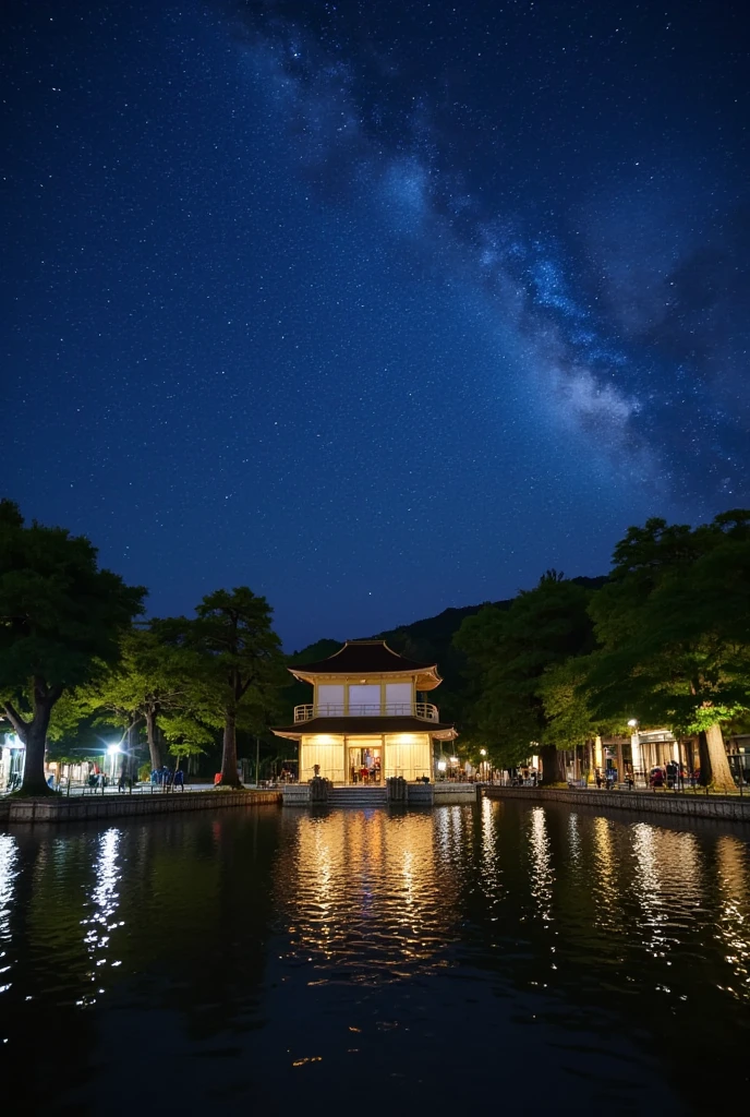 Nightscape inspired by Japanese art, 提灯で照らされた庭園と静かな湖にかかるtree製の橋がある. The starry sky is reflected on the water, Create a magical environment.  , A small Zen temple lit by candlelight, people々A place where people come to meditate. tree々The leaves sway gently in the wind, Creates a calm and relaxed atmosphere.