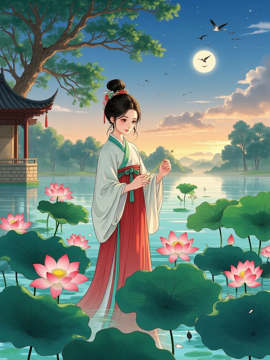 A fairy or monster ，Lotus， Aquatic plants in Chinese mythology ，以Lotus仙女的形象出现，粉色的长发如Lotus瓣般柔美， Her hot eyes reveal an ethereal atmosphere。 She wears a pink and green Hanfu ，Holding lotus，Standing in the moonlight， Facing the camera ，头戴Lotus冠散发着神秘的光芒。Pink green and blue waves 。Realistic photography style、 fantasy art aesthetics 、 movie lights、 Chinese bizarre aesthetics 、 Romantic scenery、Thin lines 、 Unreal Engine rendering 、 ethereal rendering 、 Wonderland Background 、 natural light，8k， Delicate Details ， beautiful lighting effects ， fantasy engine ，