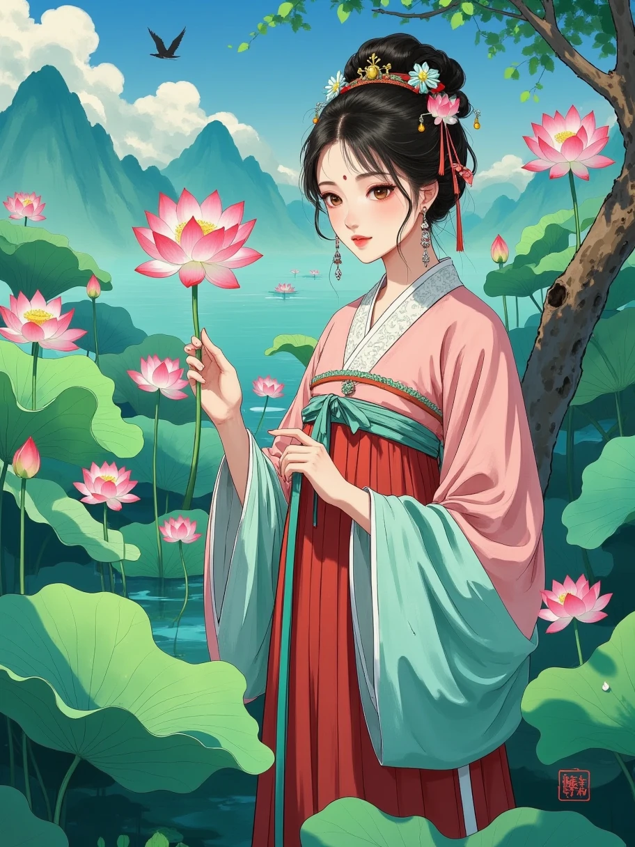 A fairy or monster ，Lotus， Aquatic plants in Chinese mythology ，以Lotus仙女的形象出现，粉色的长发如Lotus瓣般柔美， Her hot eyes reveal an ethereal atmosphere。 She wears a pink and green Hanfu ，Holding lotus，Standing in the moonlight， Facing the camera ，头戴Lotus冠散发着神秘的光芒。Pink green and blue waves 。Realistic photography style、 fantasy art aesthetics 、 movie lights、 Chinese bizarre aesthetics 、 Romantic scenery、Thin lines 、 Unreal Engine rendering 、 ethereal rendering 、 Wonderland Background 、 natural light，8k， Delicate Details ， beautiful lighting effects ， fantasy engine ，