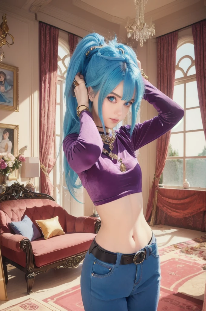 girl, blue hair, purple eyes, long sleeved velvet top, midriff, navel, long pants, belt, jewels, on bed, stretching arms, relaxed, royal bedroom