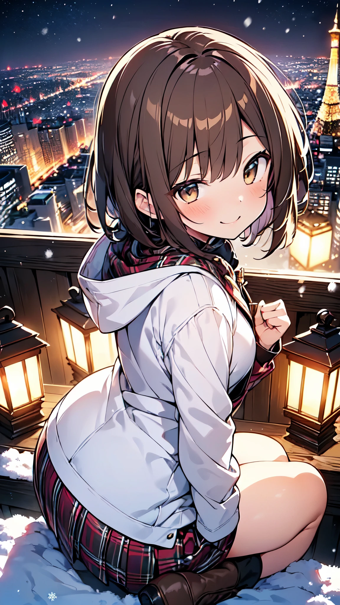  1 girl、((( short brown hair 、 Beautiful brown hair、 Light Brown Eyes 、  slightly chubby、 small breasts、 butt is small 、Teasing Smile)))、
Watercolor、 top quality、  super high resolution、8k、 show anime style  、 Softline Art 、Digital Enhancement、Flowing fabric、Soft Drawing、 Ultra High Definition Digital Animation Art 、Vivid expression、 Super Detailed Girl Cartoon Character Art 、Ultra Detailed Manga Style 、 top qualityの色、
( Panoramic View:1.3)、(Winter city illuminations spread all over:1.3)、white duffle coat 、 tartan check skirt、Brown snow boots、Angle where you can see all the way to your feet 