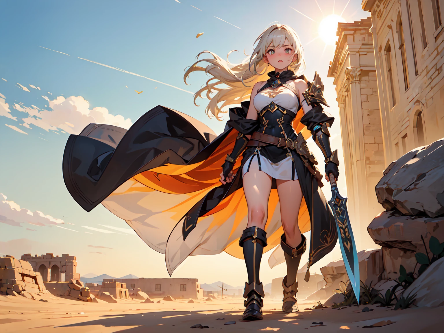 Very beautiful woman、Slender women、(Detailed face)、20-year-old、Realistic Skin、((Holy Knight)), ((Armor made of black))、((((Extremely detailed and intricately decorated armour:1.1))))、((Delicate photo)),(Girl Asheria RAW Photo Details:1.25), (Highest quality:1.6), (Ultra-high resolution:1.5), (Realistic:1.75), 8K resolution, Canon EOS R5, 50mm, Absurd, Super detailed,Cinema Lighting,((Fightfield))、((Fight))、(((White embellished micro skirt)))、Deep red polka dot high leg panties:1.2,Thigh-high socks、Shingard、((blonde))、((Curly Hair))、((Drill Hair))、((Wavy long hair,))、ponytail, Cape、Beautiful Armor、(((Has a huge weapon)))、(In combat)、The wind is blowing、((Symmetrical armor))、((((Blizzard))))、(((Lead a large group of knights:1.2)))、banner、(((Battle Scenes)))、((Browsing Caution:1.2))、(((I can see her panties:1.4)))、、((Skirt lift in the wind:1.4))