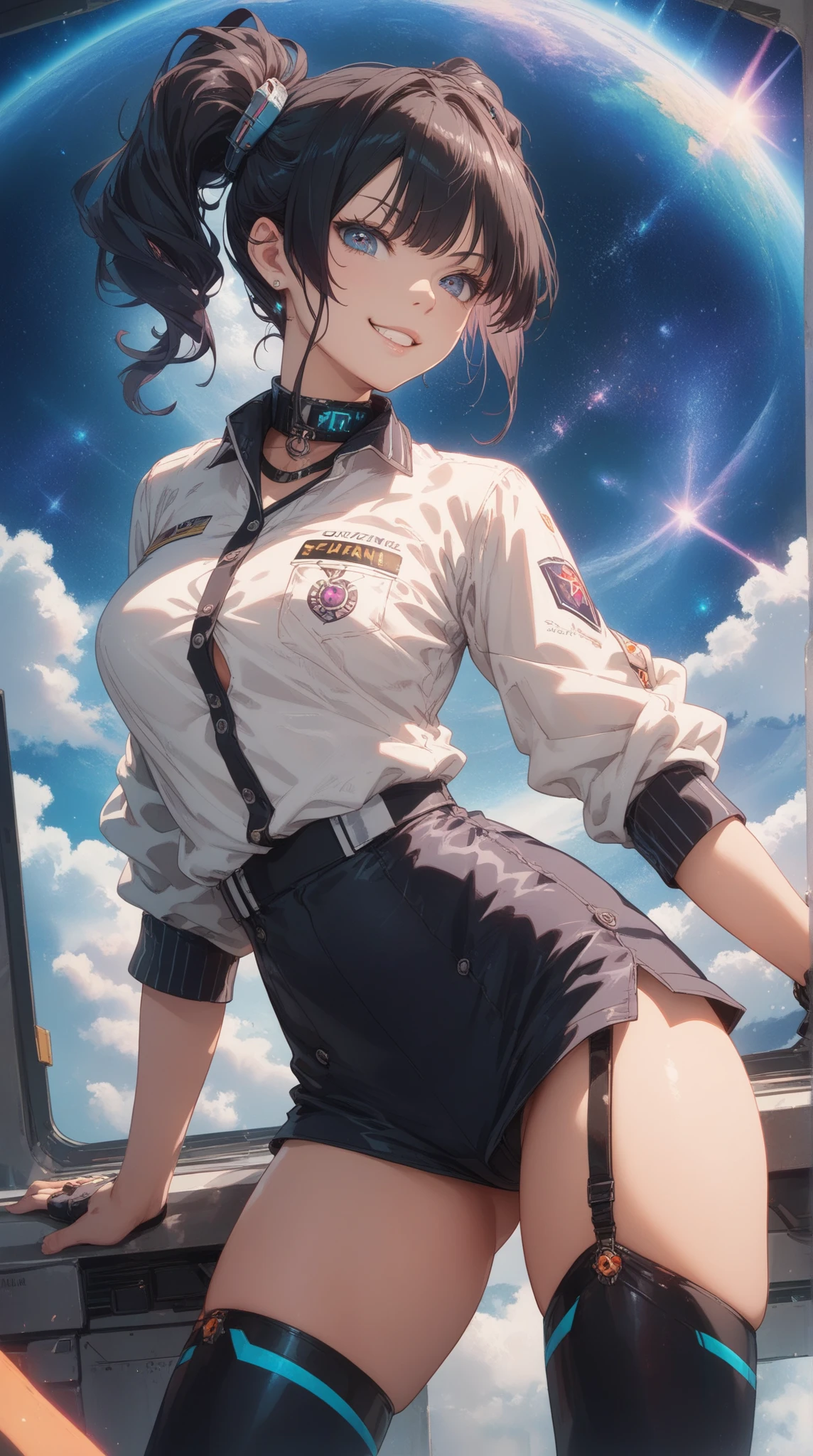 masterpiece, best quality, hyper detailed, ultra detailed, 1girl, solo, short hair, jet black hair, purple eyes, (full body), standing, bangs, japanese police uniform, tokyo city backdrop, (white shirt), (black tie), matching shoes, medium breasts, 20 age, badge, twirl pose, spinning, spins fast in place like a tornado, twirling in place, tornado spinning, rapid gyration, motion blur, speed lines, tornado, spinning energy pulse, front view, light particles, blue and white leotard, bare legs