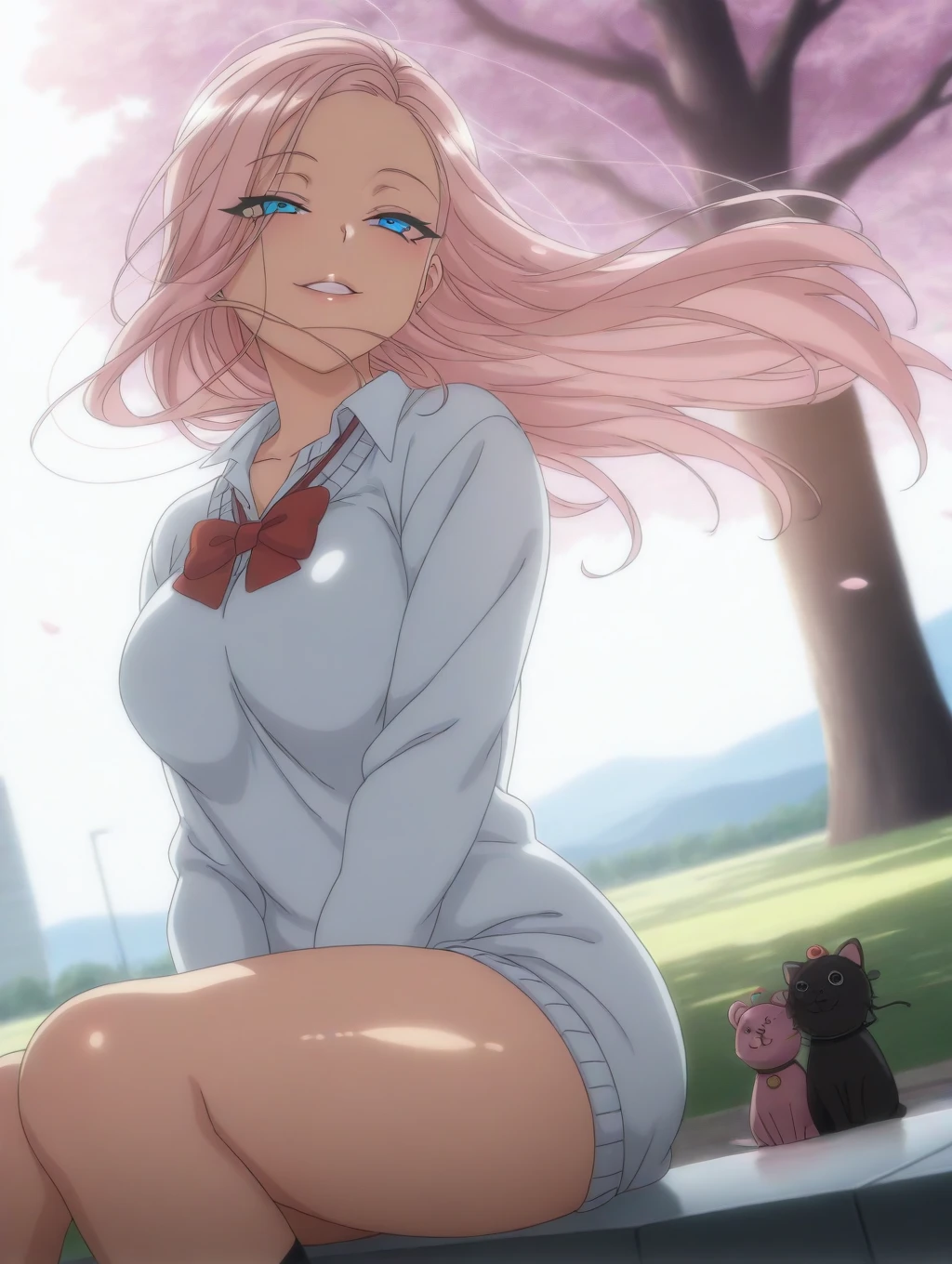   masterpiece ,  best quality ,  incredible quality,  very aesthetic, absurdres, newest, landscape,  best quality , anime screencap,  Reina Kurashiki,Saimin Seishidou,   long hair,  (wind:1.3), pink hair,  Blue Eyes,  Medium breasts, toys,   Dutch angle ,  school uniform , Waist Sweater ,  seductive smile ,  parted lips, park,  cherry blossoms , bloom, reflection, shiny skin,  ( backlight :1.2), sitting,