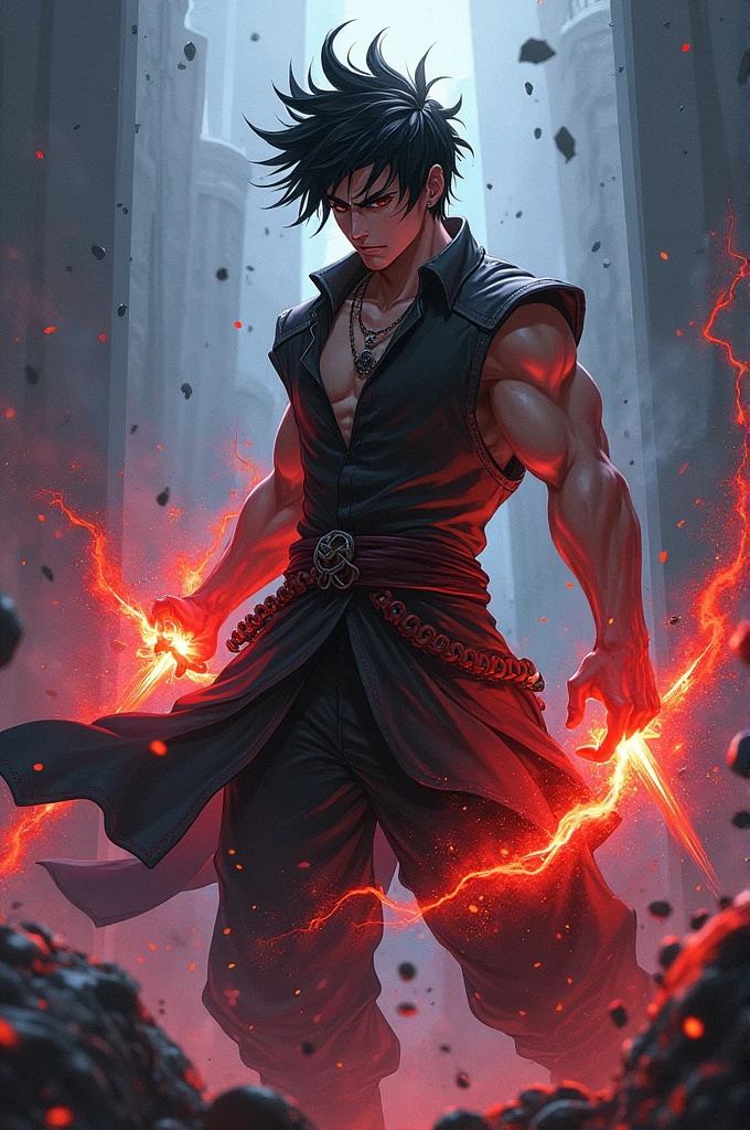 1boy, muscle, Full body version, 1character, purple eyes, short haircut, angry eyes, black color hair, topless, pirate cloak coat, long boots, Grassroots, full background in field town, motion blur, lighting, (one piece art), standing gesture, bandage, smoke effect, big fire burning in hand, plasma effect, Flames in the sky, light fire effect on hand,