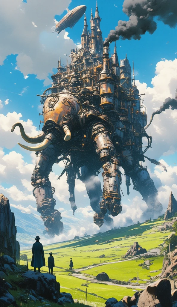 A steampunk-inspired, self-moving castle designed to have the silhouette of an elephant without looking exactly like one. The structure is an unsymmetrical and complex fusion of mechanical parts, gears, and steam-powered engines, with large metallic legs resembling an elephant's, a trunk-like front, and steam pipes forming tusk-like shapes. The body of the castle is a blend of industrial elements and steampunk designs, featuring smokestacks emitting black smoke and small houses built onto its sides. Above the moving castle is a giant steampunk airship. In the foreground, a few gentlemen in Victorian steampunk outfit look on. The backdrop is a lush, grassy plain with rocky terrain and a blue sky filled with clouds, evoking a mystical, cinematic atmosphere reminiscent of Studio Ghibli's art style. The image is slightly blurry caused by the amount of smoke the castle emits.