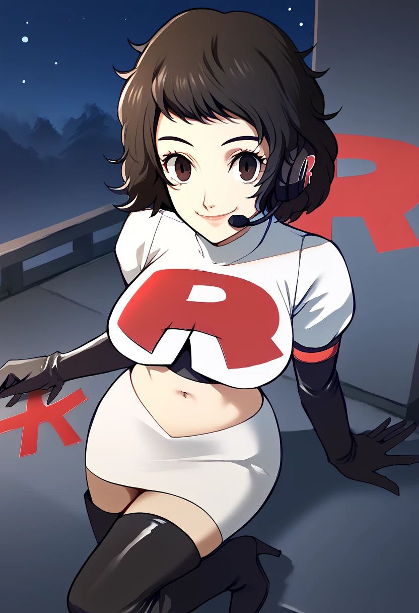 Team rocket, team rocket uniform, red letter R, white skirt,white crop top,black thigh-high boots, black elbow gloves, evil smile, night sky background, headset, large breasts, high-heeled boots, Sadayo Kawakami, black hair,