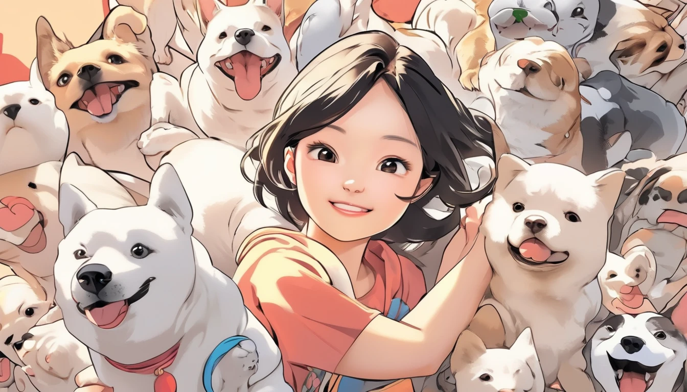 32K,  Max Image,  top quality,  detailed face , Asian woman playing with dog, Comic style, Cute pop illustrations,