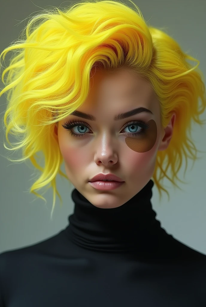 Make a white woman with Black Power blonde ,  with heterochromia her eye and blue plus the right eye has a light brown mark 