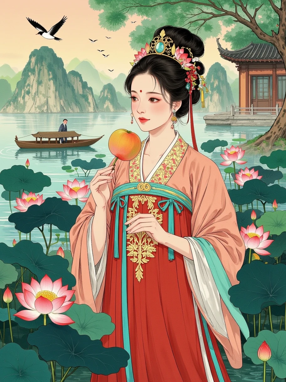 Queen Mother，Western Princess ， embroidered with golden phoenixes and peonies ， The crown is adorned with brilliant jewels ，象征着至高无上的尊贵与权力。 and wearing a phoenix crown on her head ， The face of the royal mother and daughter is noble and majestic ，Shining。Queen Mother的面容高贵而威严， symbolizes supreme honor and power 。She is holding a peach ， wearing a luxurious phoenix robe ， is a symbol of immortality 。