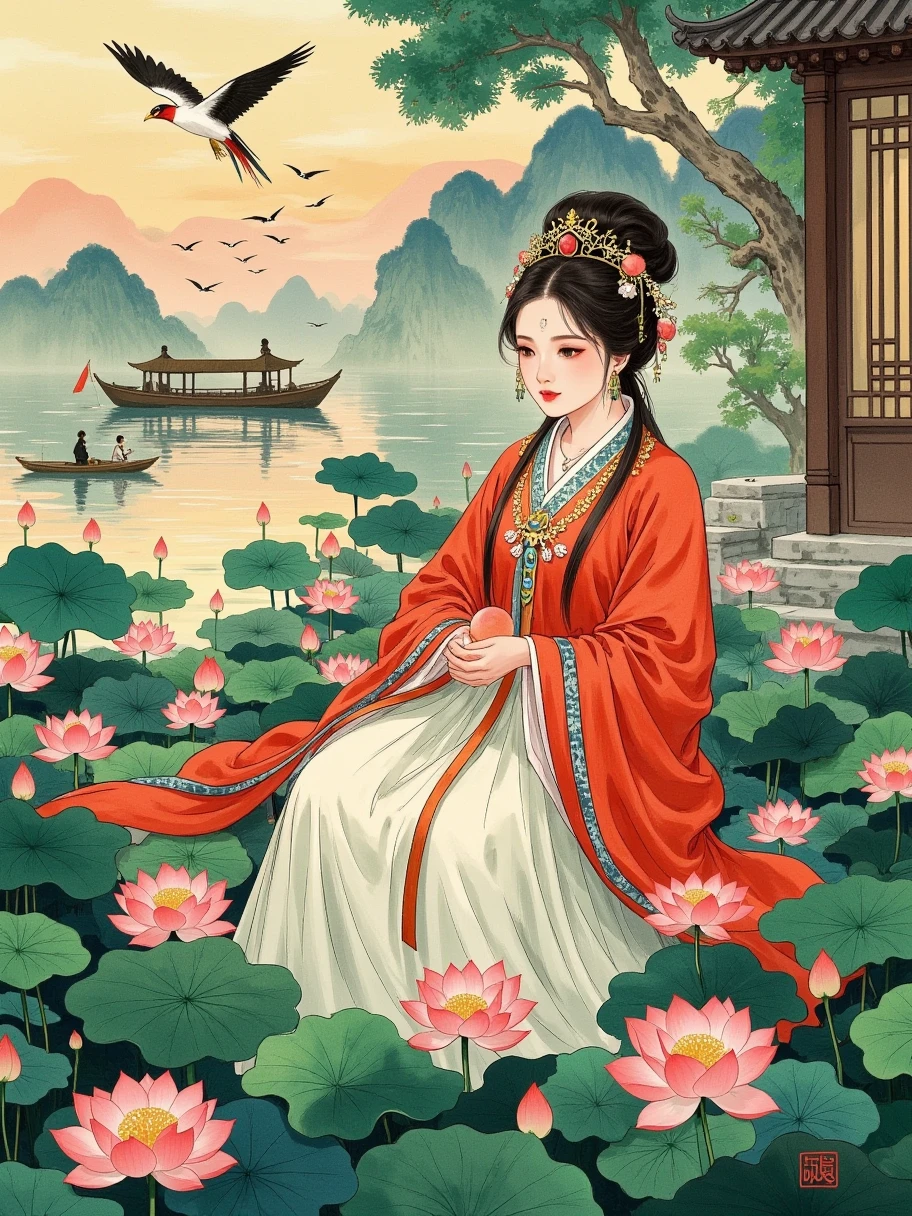 Queen Mother，Western Princess ， embroidered with golden phoenixes and peonies ， The crown is adorned with brilliant jewels ，象征着至高无上的尊贵与权力。 and wearing a phoenix crown on her head ， The face of the royal mother and daughter is noble and majestic ，Shining。Queen Mother的面容高贵而威严， symbolizes supreme honor and power 。She is holding a peach ， wearing a luxurious phoenix robe ， is a symbol of immortality 。