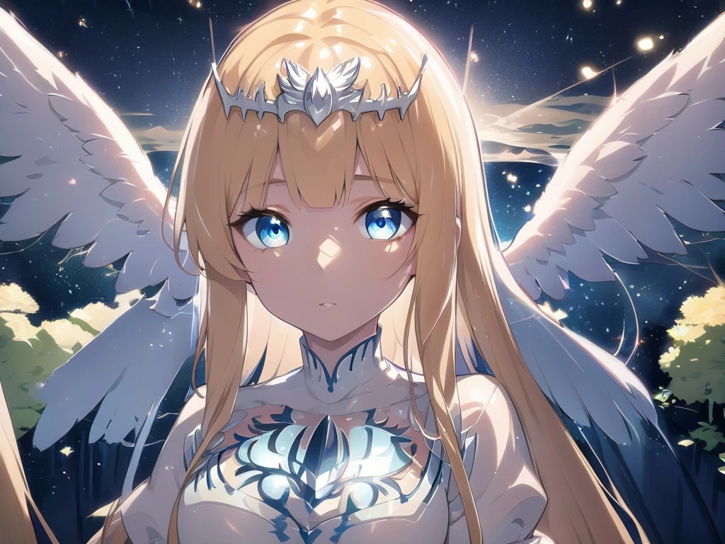  In digital art style, charming illustration, peaceful picture, 1 girl, beautiful light blue eyes, tall lotus, alone, body glow, glowing lines, fluorescence, glow example, example tracking, flash, light particles, backlight, translucent, light particles, correct human anatomy, blonde hair, (extremely long hair:1.3), white tiara, white dress, (enormous white wings:1.3), (very big wings:1.2), upper wings, Calca, Calca Bessarez, serene and elegant atmosphere.

