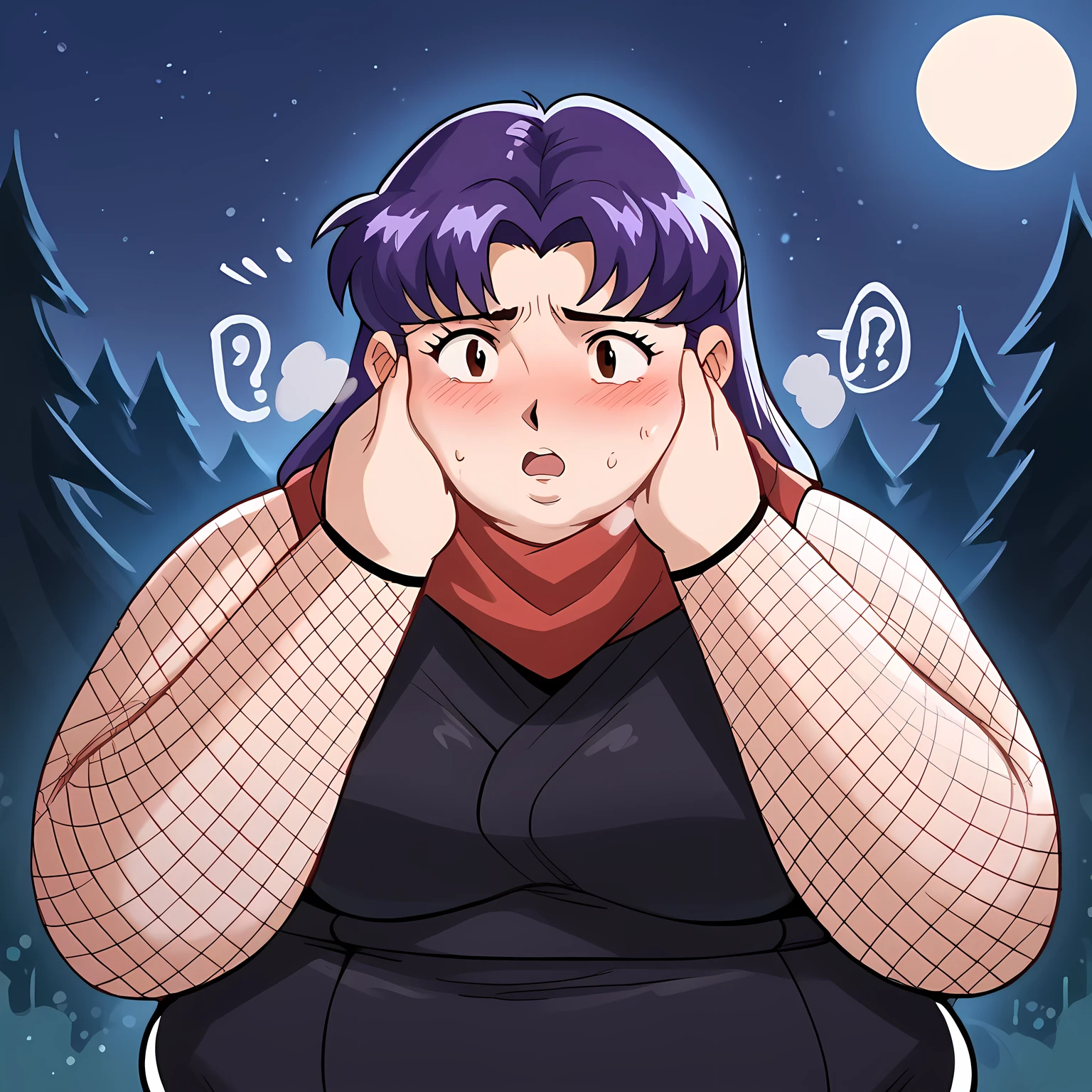 score_9, score_8_up, score_7_up, source_anime, misato katsuragi, long hair, brown eyes, purple hair, parted bangs, medium breasts, ninja, fishnets, scarf,, moon, night, forest, trees,, cowboy shot swollen face, fat, chubby, obese, open mouth, out of breath, absurdres, highres icon, rating:General, confused, blush, {flustered}, nervous sweating, portrait, pov hands, hand on another's cheek, averting eyes, [looking away], straight-on, from above,  upper body, masterpiece, best quality, ultra-detailed, high resolution, 8K, 