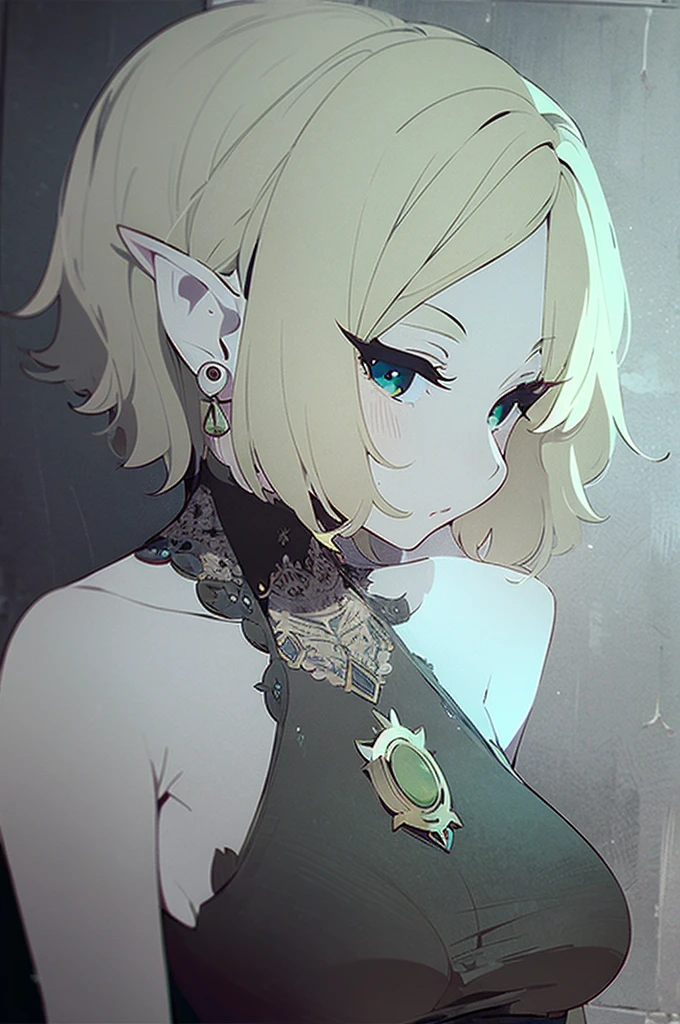 ( masterpiece,  best quality),  intricate details ,  1 girl,  1 girl, short hair,blonde hair, jewelry,Earrings, pointed ears , bare shoulders,green eyes,strapless,armband,Dress,strapless Dress,reif,collarbone, Zelda