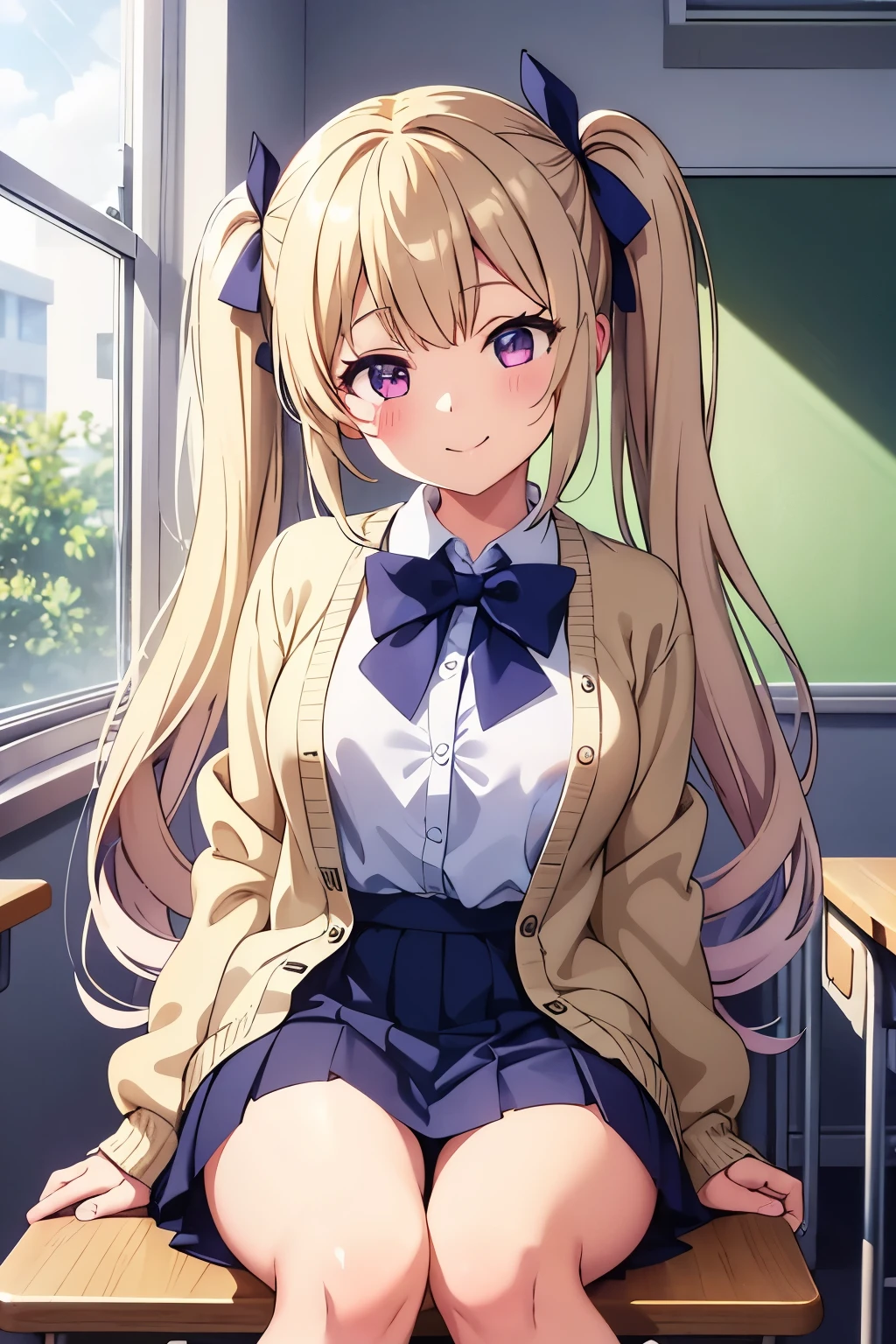 14age A Cup Breasts Blonde long twin tails twin tails with bow gal purple eyes smile((One person)) upper body white long sleeve blouse and light brown cardigan navy blue mini skirt that holds the hem white light blue horizontal stripe pattern panties holding white socks school classroom (( panties)) from the front