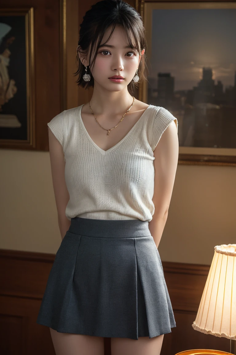 (((One girl:1.3))), ((23 years old:1.3)), (She is my daughter),
break
(Surprised Smile:1.2),
((Medium large breasts:1.3)), (Accentuated breasts:1.3, Movie chest, Shapely breasts:1.1, Perfect body),
break
(neat fashion:1.3), (white-theme:1.3), (High neck sleeveless sweater:1.3), ((Gold Necklace:1.2))
break
pleated skirt((color : green + Silver) high waist, (pattern : Plaid)):1.3),
break
(Standing leaning against the rail(color : white) wooden deck(Outdoor, open minded) Glamping Tent ((Gorgeous themes, Transparent Dome Tent, Great atmosphere, Great lighting, Transparent dome tent surrounded by nature)):1.3), ((Long Shot:1.5)), ((At night:1.7)),
break
((Her serious expression、Create a photo that conveys the feeling of a relaxed and happy moment.:1.3)),
break
(colorあせた写真:1.3), (Film Grain:1.3), Depth of written boundary, (Bokeh:1.1), (Light and shadow:1.4),
((Cowboy Shot:1.2)), ((From below:1.2)), ((Focus on her:1.2)),