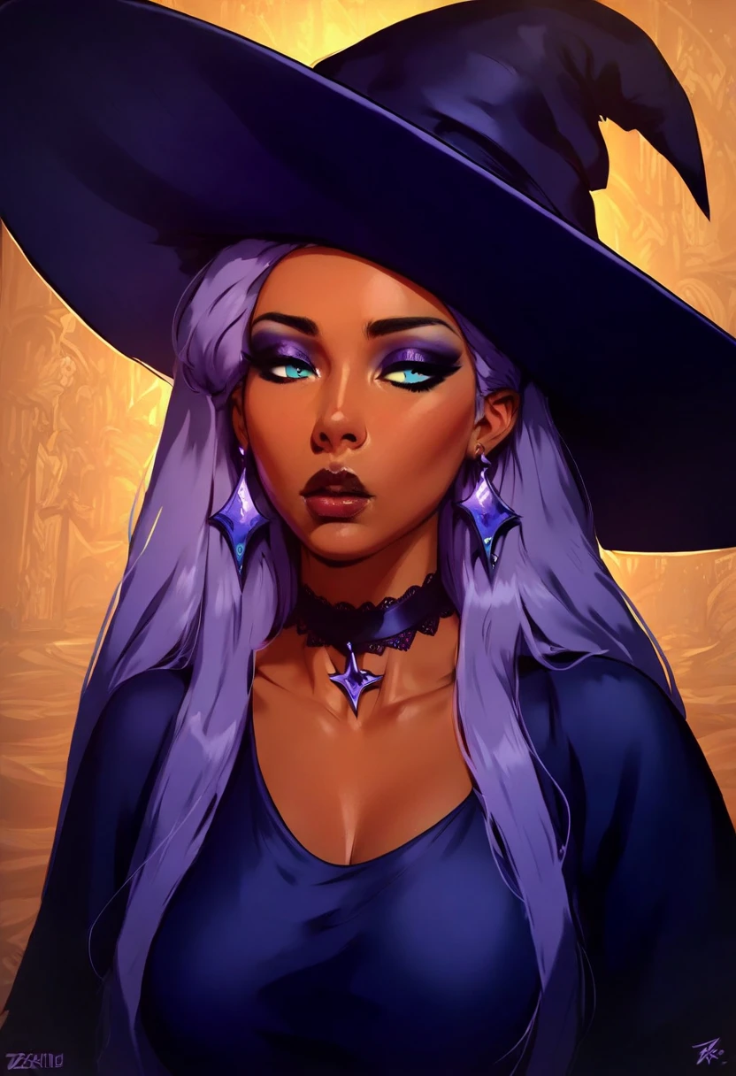 Score_9_up, score_8_up, score_7_up, score_6_up, source_realistic, BREAK pleasure, 1girl, Rizella, dark skin, violet hair, aqua eyes, big breasts, Dark purple witch hat, Dark purple dress, makeup, earrings, choker,