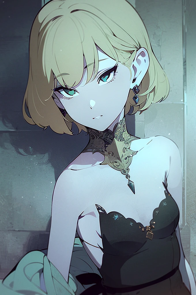 ( masterpiece,  best quality),  intricate details ,  1 girl,  1 girl, short hair,blonde hair, jewelry,Earrings, pointed ears , bare shoulders,green eyes,strapless,armband,Dress,strapless Dress,reif,collarbone, Zelda