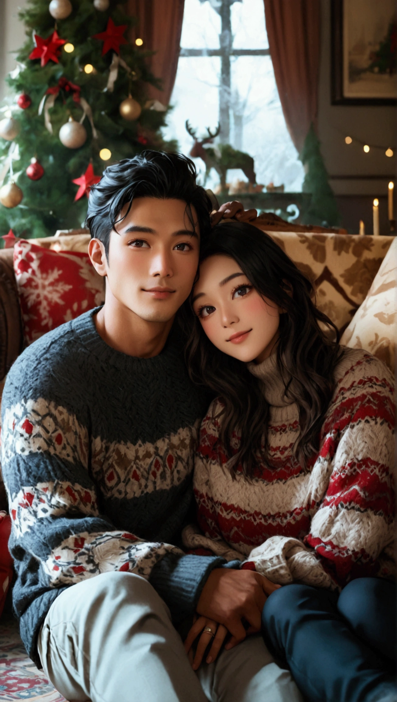 Portray a full shot of an interracial couple sitting together arm in arm on a soft carpet in a Victorian-style living room on Christmas eve. The couple features an Asian man in his thirties and a white European woman in her twenties. The man has a strong square face, defined by his brown skin, golden undertone, round black eyes, low cheek bones, a straight nose, and short black hair in class slick back. He wears a stylish wool sweater with a gray geometric print and casual yet refined pants.
The pretty oval face of his European girlfriend is well defined by almond eyes in light blue color, low cheek bones, Greek nose, blonde hair, fair complexity and cool undertone. She is dressed in a knitted sweater paired with casual yet chic pants. The room features a warm fireplace, a beautifully decorated Christmas tree, and classic Victorian furnishings.
((full shot)), ((interracial couple)), ((looking at viewer)), ((Asian man)), ((European woman)), (interracial), ((wide view)), highly detailed, soft lighting, natural makeup, vibrant colors, (arm in arm), blush, (smile), natural makeup