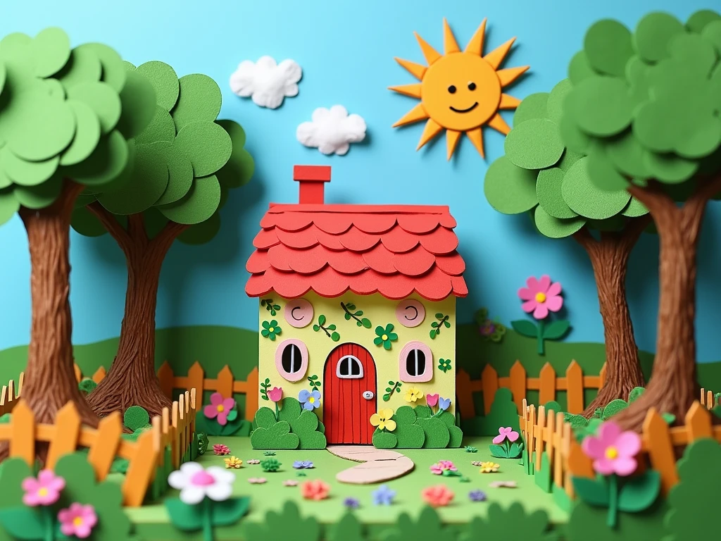 masterpiece:1.2, Three-dimensional illustration made using cardboard or cloth:1.4, A whimsical outdoor scene featuring a cozy, colorful house crafted from cardboard and cloth. The house has rounded windows, a cheerful red roof, and walls adorned with playful patterns of flowers and vines. Surrounding the house are tall, handmade trees with lush green leaves and textured trunks, creating a serene and inviting setting. A bright, smiling sun shines in the clear blue sky, casting a warm glow over the scene. In the yard, a simple fence made of cloth and cardboard encloses a small garden filled with vibrant flowers and shrubs. The atmosphere is peaceful and joyful, perfect for a ren's storybook background, with handmade textures and charming details that evoke a sense of wonder and creativity.
