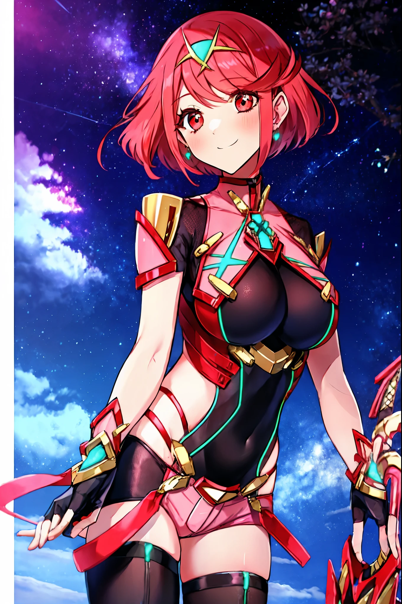 nsfw, pyra (xenoblade), one girl, armor, bangs, black gloves, chest, red eyes, closed mouth, earrings, eyelashes, fingerless gloves, floating hair, framed breasts, jewelry, gloves, hair ornaments, headpiece, jewelry, big, leaning, leotard, neon trim, official art, pose, redhead, red shorts, masatsugu Saito, short hair, shorts, Short Sleeves, Shorts, Side Locks, Skin Tight, Solo, Standing, Bangs, Thigh Socks, Tiara, Space Background, Turtleneck, Underbust, Arm Armor, Xenoblade Chronicles \(Series\), (Xenoblade Chronicles 2),