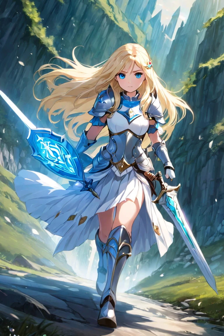 A beautiful magical girl warrior, long blonde hair, blue eyes, small breasts,Fantasy cropped armor  white pleated skirt. Tiara, sword and shield she goes on an adventure trip She walks through an imaginative landscape