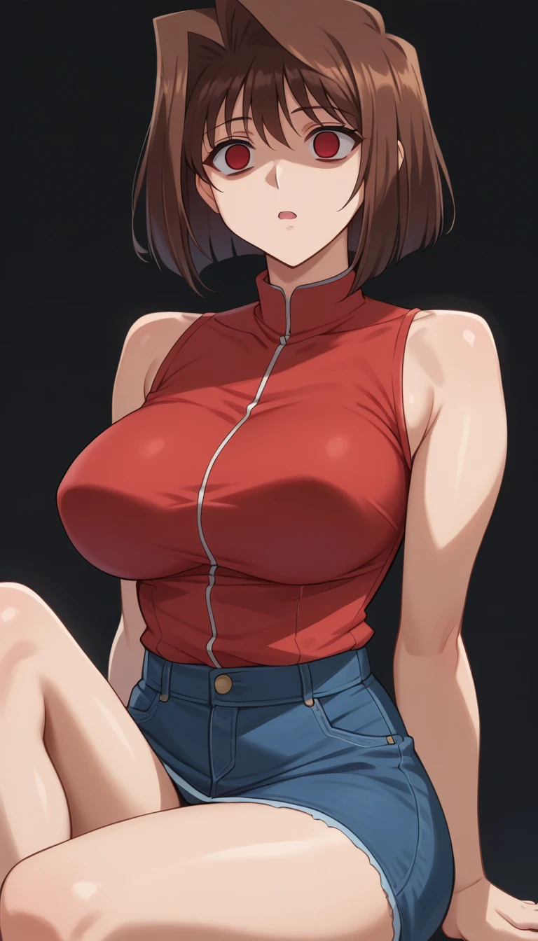     score_9,     score_8_up,     score_7_up,     score_6_up,     score_5_up,     score_4_up, BREAK Source_Anime, To_Mazaki,    brown hair   ,    short hair , Curvy, voluptuous, (red eyes), Big Breasts,((   Empty Eyes)),expressionless,   open mouth,   (   sitting,   open legs, Offer a prayer), ((( ))),     black background ,     simple background,Playing with pussy, 