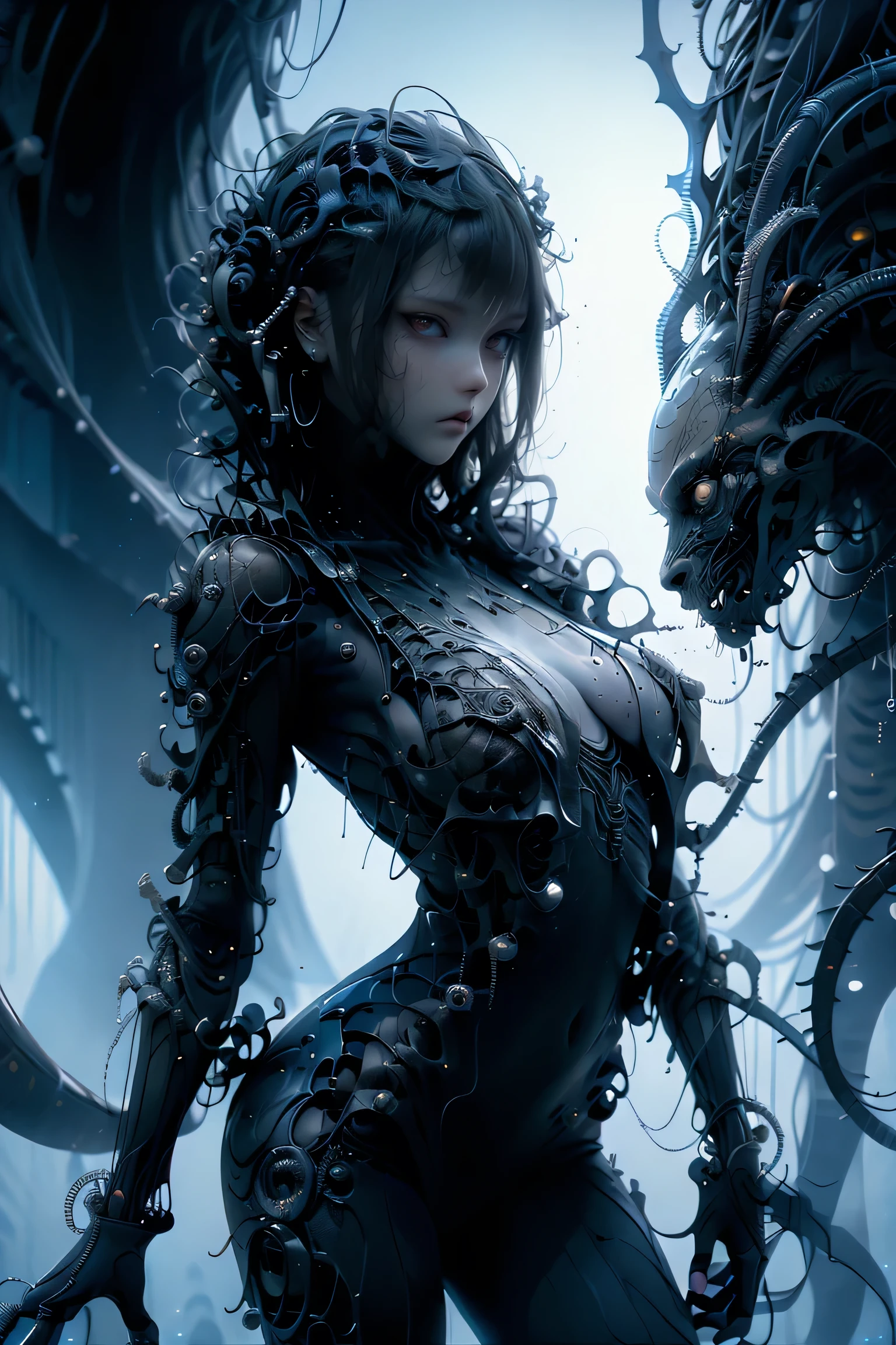 (((dark tentacle biopunk))), ((dark biopunk girl)), The Iron Mask, ((a lot of long closed clothes)), biopunk cape-shaped clothing, (closed pose), hands together, is sitting, cold lighting, abandoned landscape in biopunk style, (Contempt for video game style), horror atmosphere, the presence of something scary, very detailed biopunk background, von Hans Giger, Ideal Anatomy, masterpiece