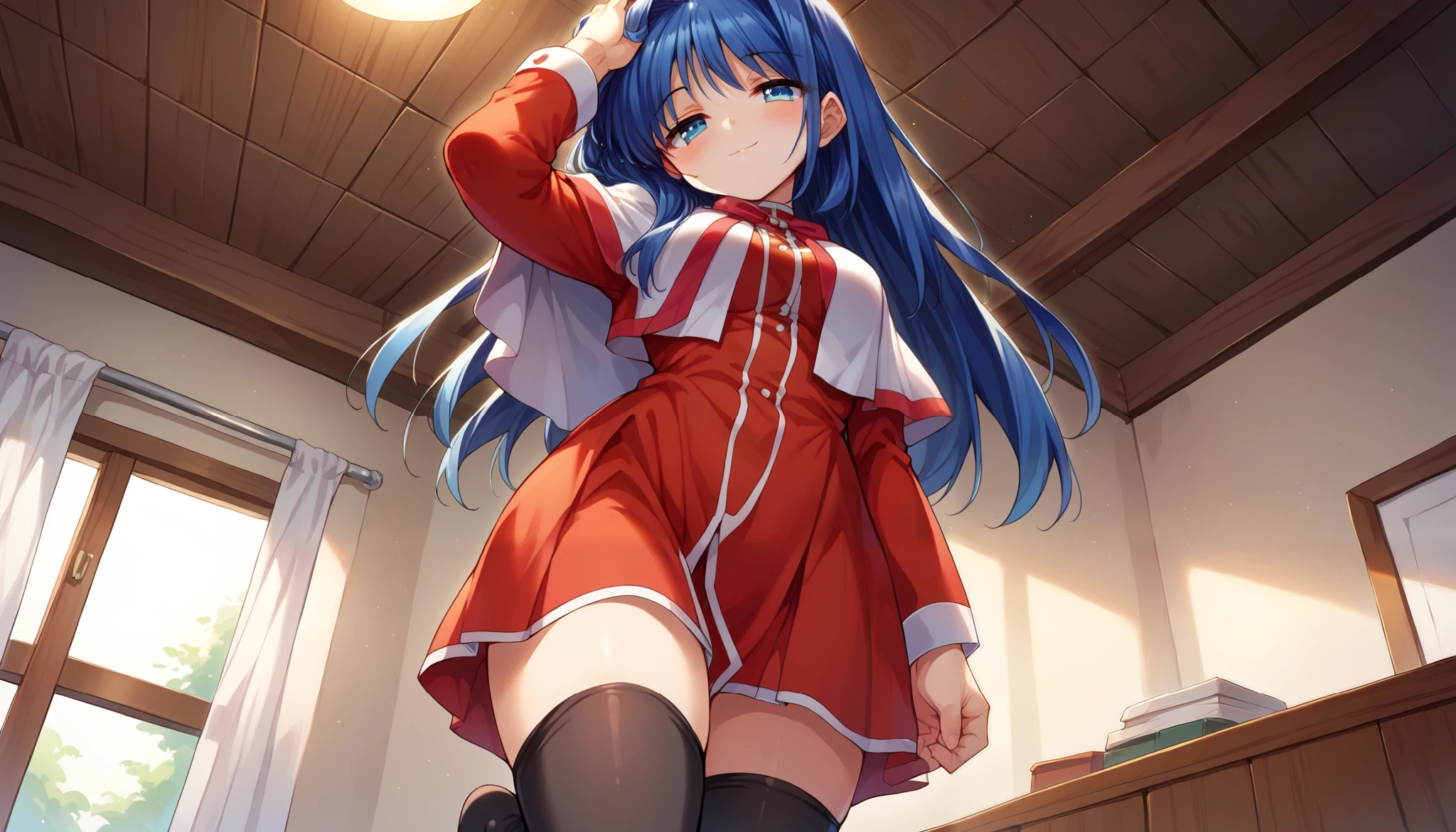 score 9, score 8 up, 1girl, masterpiece, solo, standing, bedroom, ceiling, 
minase nayuki, medium breasts, blue hair, blue eyes, kanon uniform, red uniform with white capelet, black stockings, zettai ryouiki, 
sleepy eyes, light smile, hand in hair, toe, looking at viewer, low-angle view, from below, leg up, focus on legs, foreshortening, pov, dutch angle,