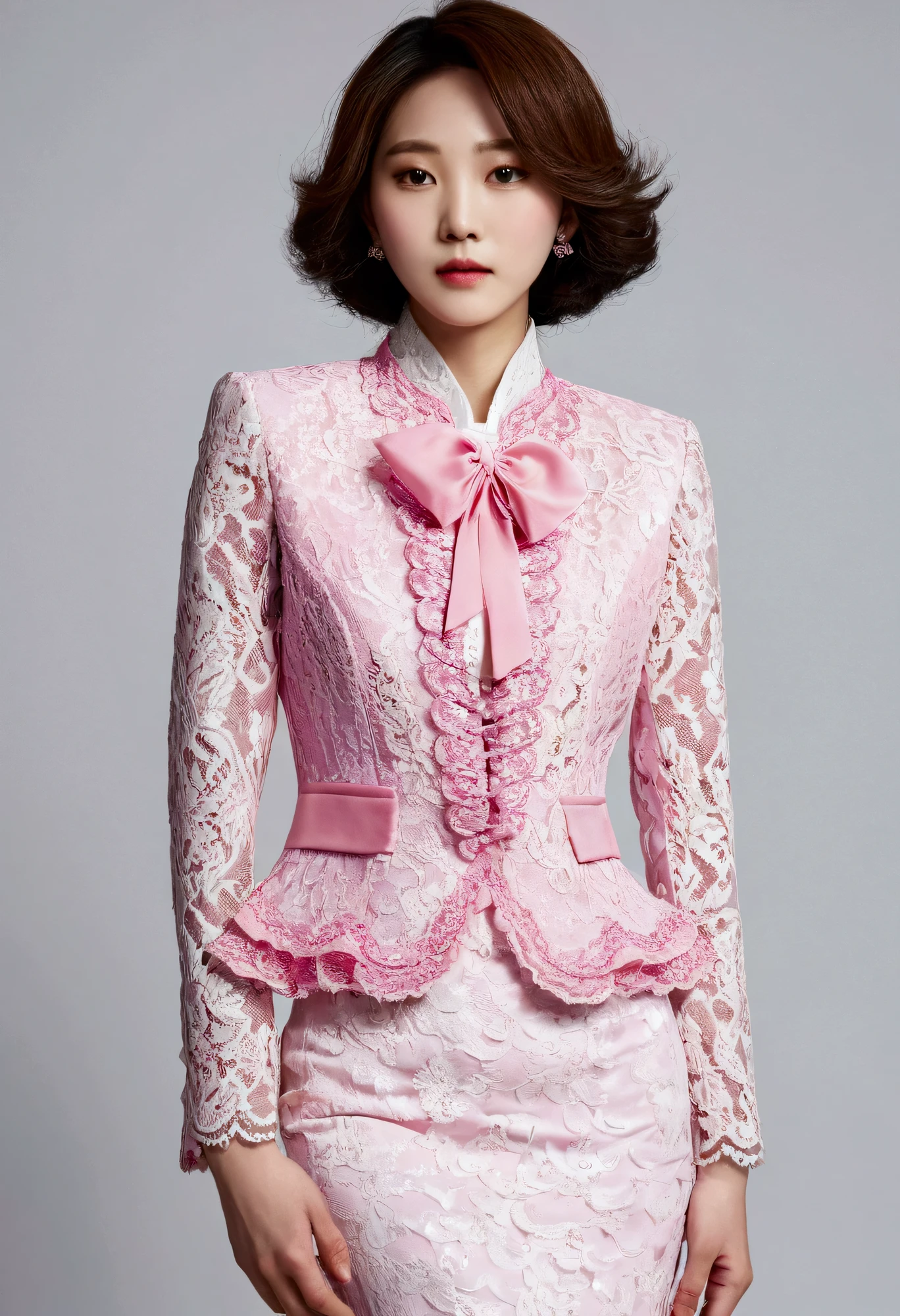 A Korean man is wearing a ladies' skirt suit, a beautiful skirt suit, he is a crossdresser, he has big breasts on his chest like a woman's, his face is very masculine, his hair is masculine short, pink and white, frills and lace. Decoration, lady's dress, two-piece, cropped jacket, small jacket, round neck jacket, China collar jacket, mermaid dress