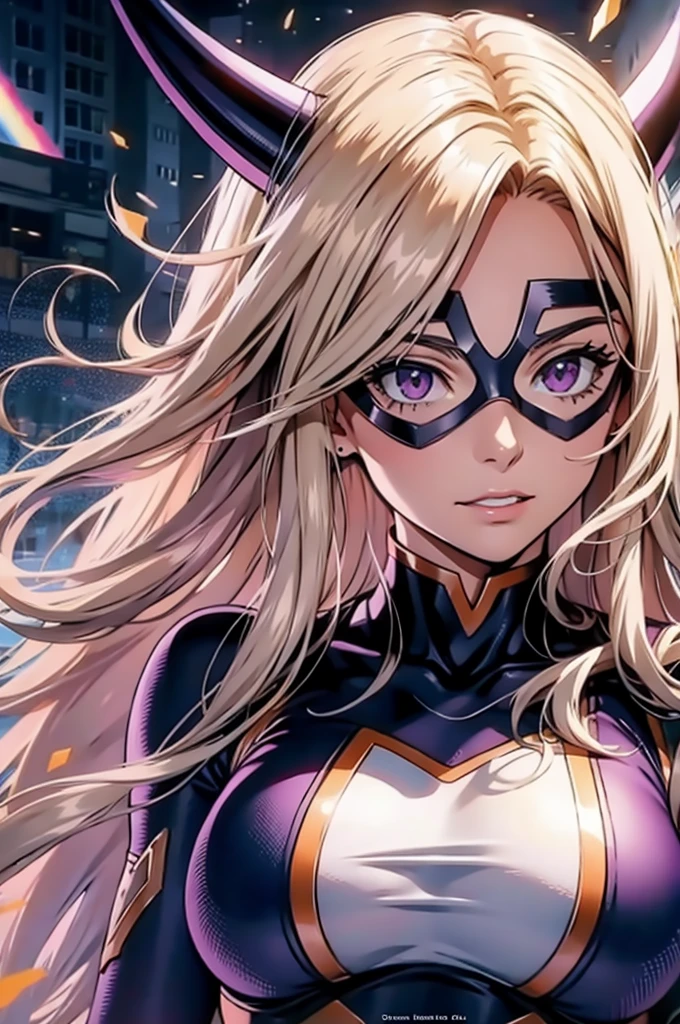 scan, ( Highly Detailed CG Unity 8K Wallpaper :1.1), ( traditional media :0.9), (sketch:0.9), trace,  ultra detail,  soft lighting , Anime, ( 1 girl), Mutladima,  My Hero Academia ,  long hair,  blonde hair , horn, domino mask,  Bodysuit , Big Breasts,  purple eyes