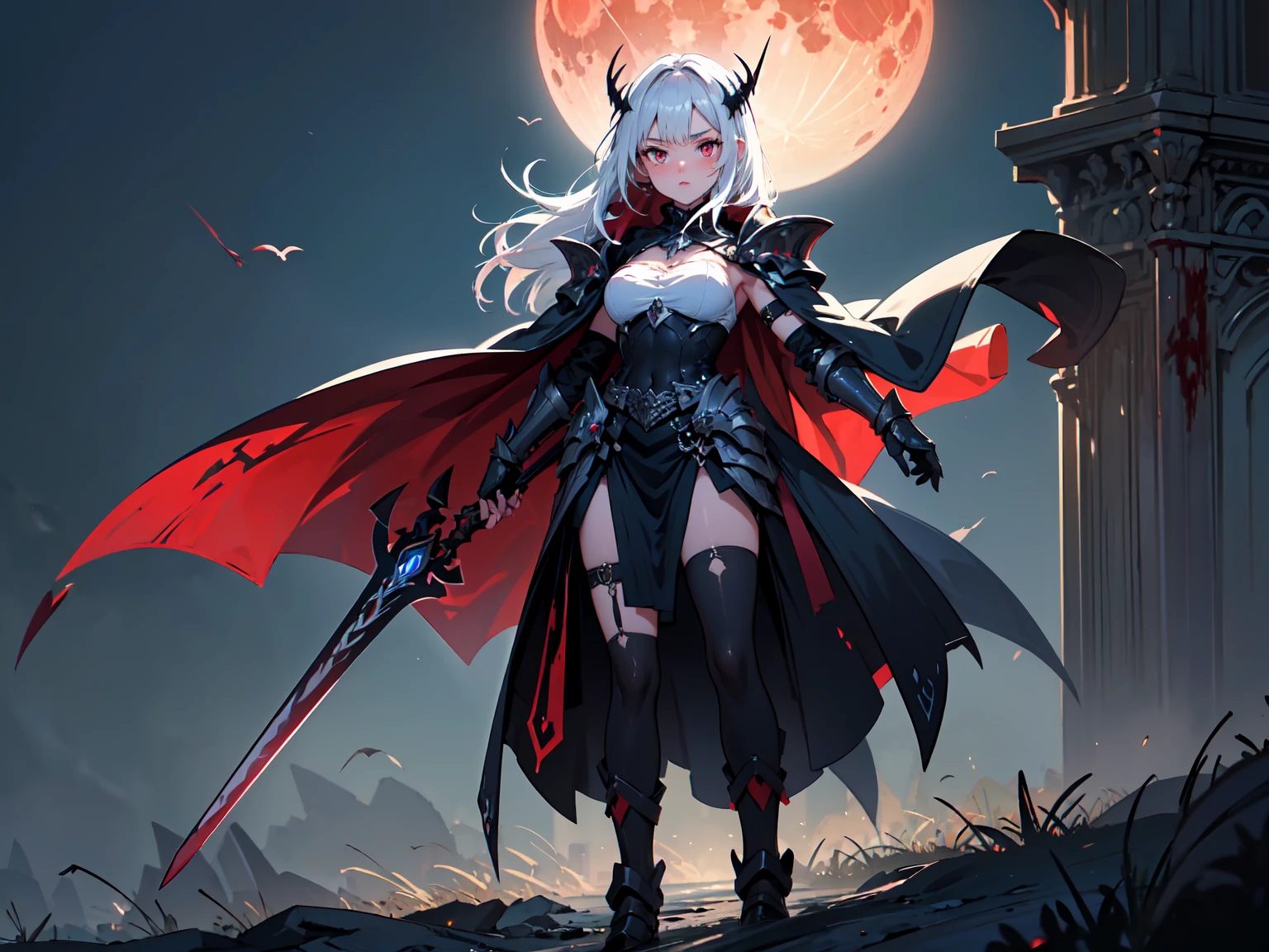 (masterpiece、top-quality、ultra-detailliert、Best Shadows)、细致背景、hight resolution、ultra-detailliert、((Diabolical))、(girl1)、Beautiful hair、kawaii、Devil's Wings、((large Scythe)),livestream、Super Powerful Demon、The Strongest Devil、Idle Pose、Detailed hand、perfect hand、intricate detailes、Moon Night、nighttime scene、borgar