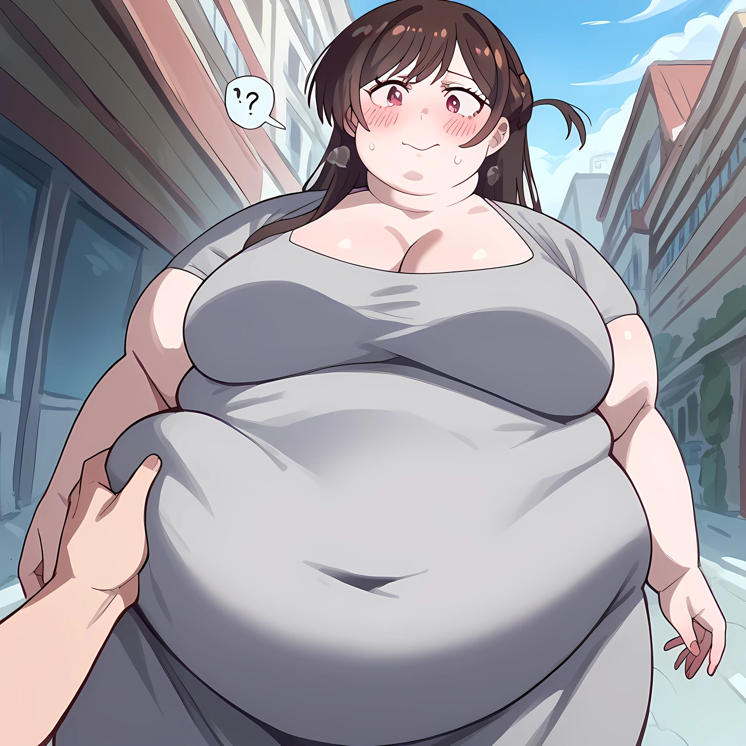 score_9, score_8_up, score_7_up, source_anime, chizuruichinose, chizuru ichinose,, dongtan dress, cleavage, taut dress, grey dress, collarbone,, outdoors, street, blush, smile,, cowboy shot, dutch angle,bulging belly, fat, chubby, obese, open mouth, out of breath, absurdres, highres icon, rating:General, confused, blush, {flustered}, nervous sweating, portrait, pov hands, hand on another's belly, averting eyes, [looking away], straight-on, from below, swollen face, masterpiece, best quality, ultra-detailed, high resolution, 8K, 