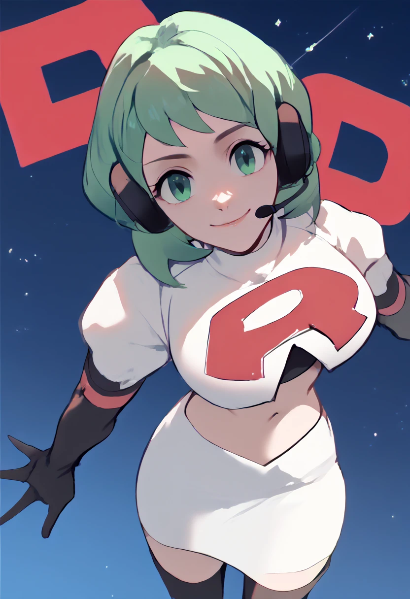 Team rocket, team rocket uniform, red letter R, white skirt,white crop top,black thigh-high boots, black elbow gloves, evil smile, night sky background, headset, large breasts, high-heeled boots, Flayn, green hair, green eyes