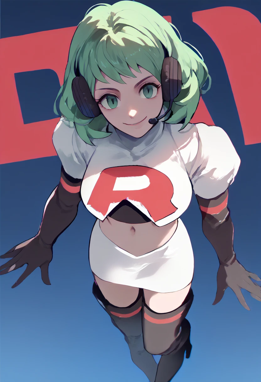 Team rocket, team rocket uniform, red letter R, white skirt,white crop top,black thigh-high boots, black elbow gloves, evil smile, night sky background, headset, large breasts, high-heeled boots, Flayn, green hair, green eyes