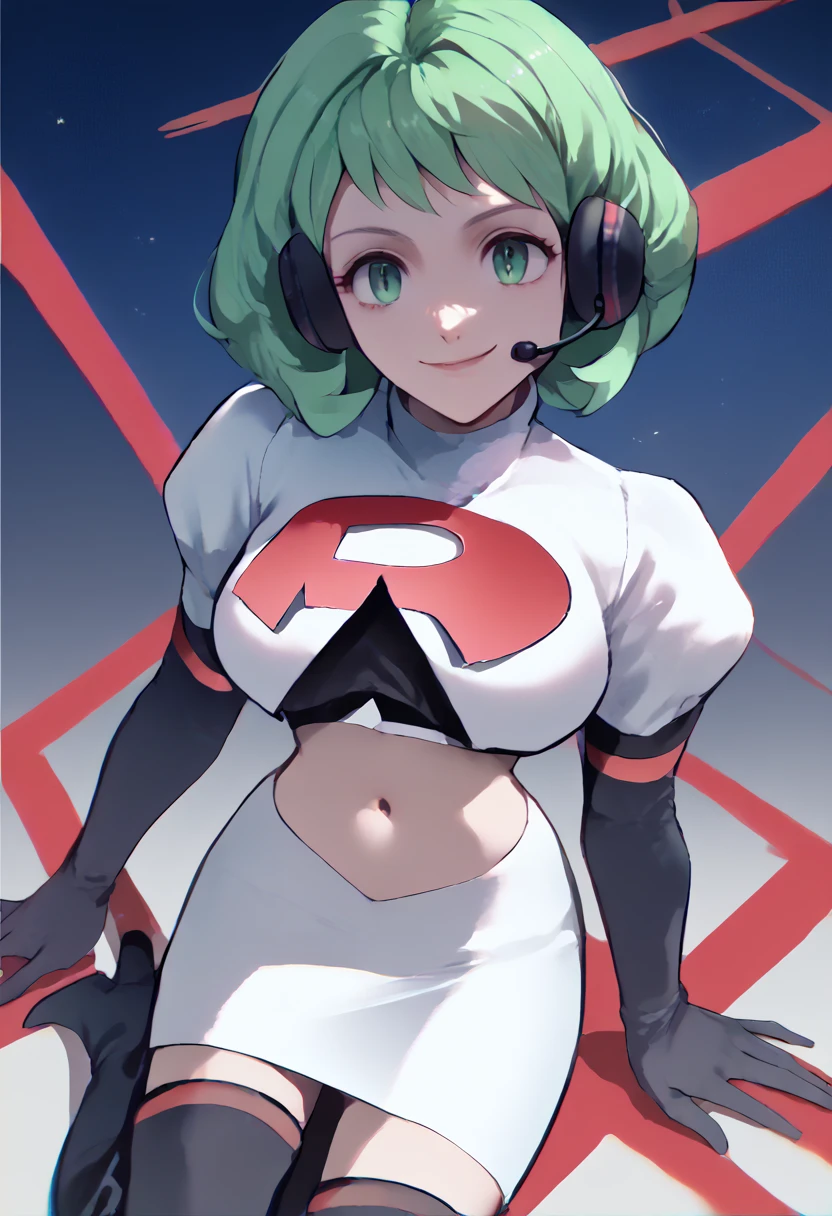 Team rocket, team rocket uniform, red letter R, white skirt,white crop top,black thigh-high boots, black elbow gloves, evil smile, night sky background, headset, large breasts, high-heeled boots, Flayn, green hair, green eyes