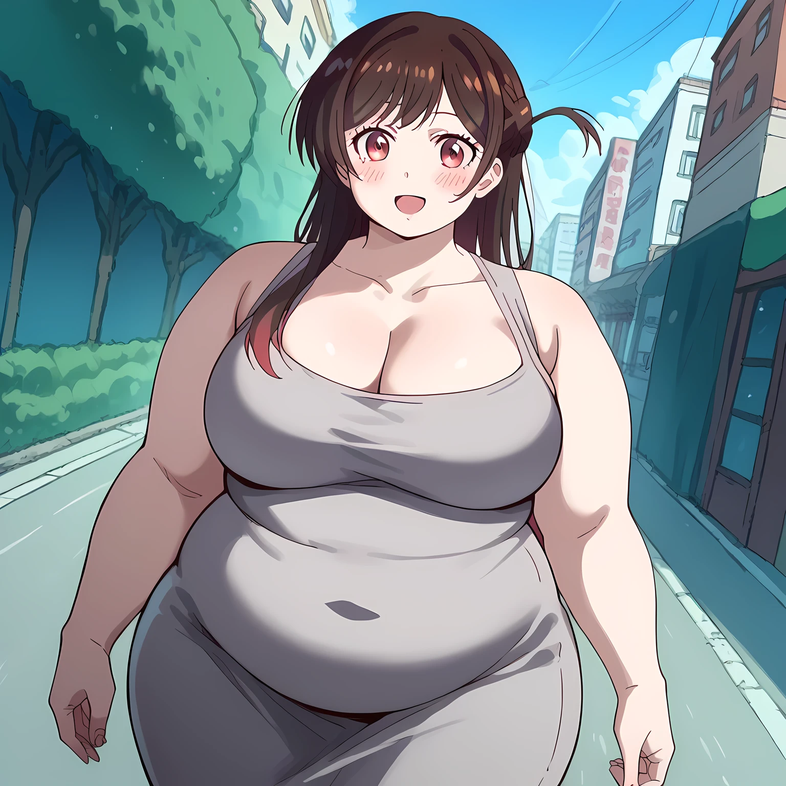 score_9, score_8_up, score_7_up, source_anime, chizuruichinose, chizuru ichinose,, dongtan dress, cleavage, taut dress, grey dress, collarbone,, outdoors, street, blush, smile,, cowboy shot, dutch angle, fat, chubby, obese, gigantic arms and legs, large breasts open mouth, out of breath