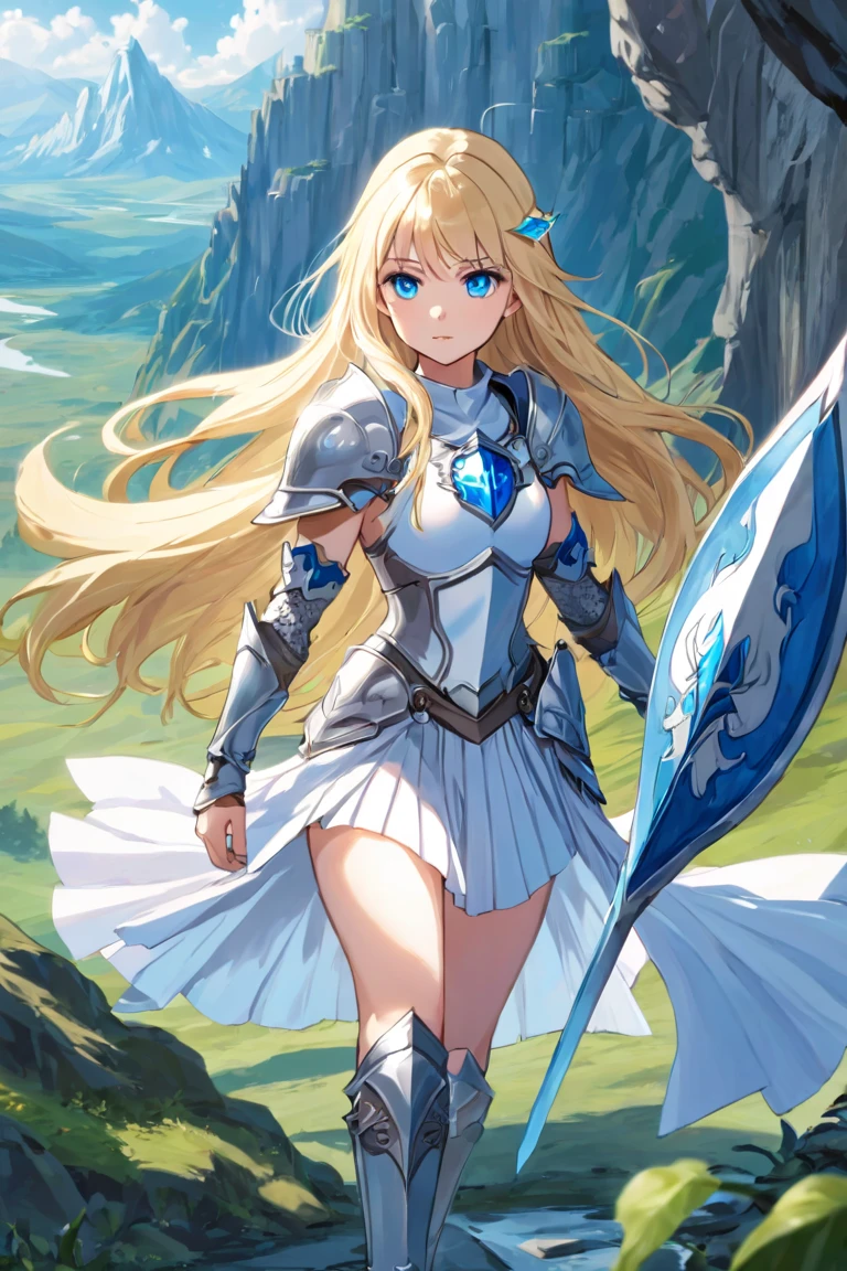 A beautiful magical girl warrior, long blonde hair, blue eyes, small breasts,Fantasy cropped armor  white pleated skirt. Tiara, sword and shield she goes on an adventure trip She walks through an imaginative landscape