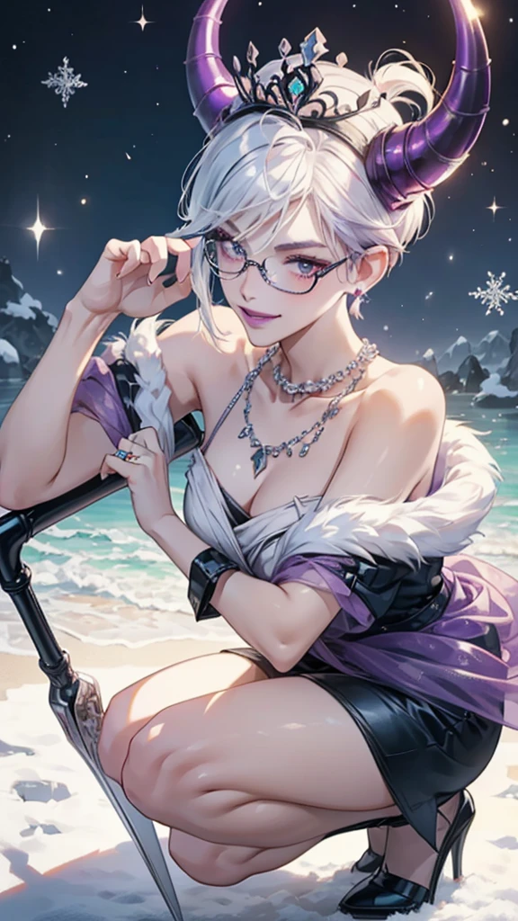 8k, masterpiece, best quality, highly detailed, 1 girl, devil, demon horns, warlock, pixie cut, white hair, multicolored hair, very short straight hair, red highlight hair on white hair, stippled hair, wearing glasses, round glasses, earrings, red eyeshadow, long eyelashes, blushed cheek, purple lips, pearl necklace, rings, collarbone, mole on face, glamorous, teal and purple queen clothes, naval piercing, fullbody view, sadistic smile, close up view, rings, looking at viewer, crouching pose, exposed nape, winter, blizzard, wearing crown, cronwed, see-thru clothes, both hands holding scythe, one leg stretching. 