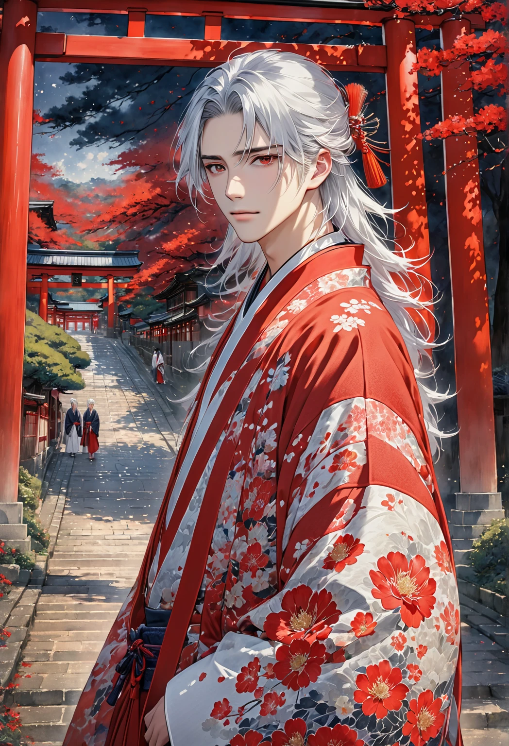 (( best quality)), ((masterpiece)), ( Details)、male１people、 long silvery hair 、 red eyes、emotionless eyes 、 kimono、 standing under the torii gate、 handsome、Both have