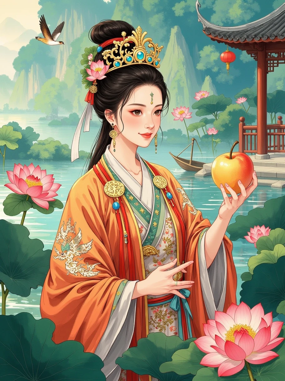 Queen Mother，Western Princess ， embroidered with golden phoenixes and peonies ， The crown is adorned with brilliant jewels ，It symbolizes supreme honor and power。 and wearing a phoenix crown on her head ， The face of the royal mother and daughter is noble and majestic ，Shining。Queen Mother的面容高贵而威严， symbolizes supreme honor and power 。She is holding a peach ， wearing a luxurious phoenix robe ， is a symbol of immortality 。