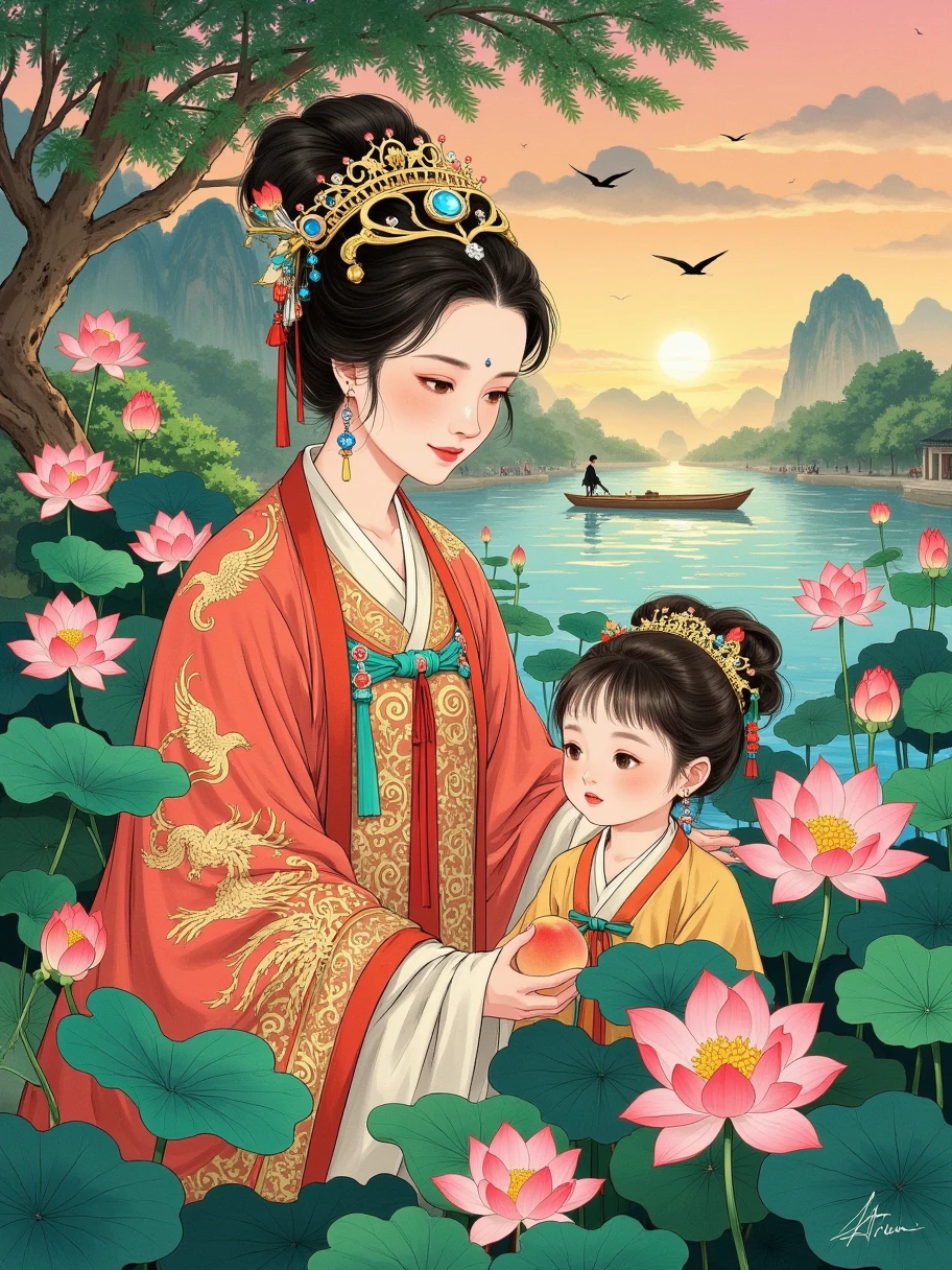 Queen Mother，Western Princess ， embroidered with golden phoenixes and peonies ， The crown is adorned with brilliant jewels ，It symbolizes supreme honor and power。 and wearing a phoenix crown on her head ， The face of the royal mother and daughter is noble and majestic ，Shining。Queen Mother的面容高贵而威严， symbolizes supreme honor and power 。She is holding a peach ， wearing a luxurious phoenix robe ， is a symbol of immortality 。