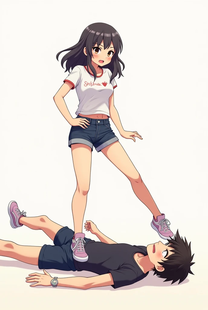 Boy lying on stomach on the floor kissing a girl's feet, girl grinning smugly and standing straight, looking down at the boy. Girl is wearing a form-fitting white tank top, accentuating her curves. She is wearing short shorts.