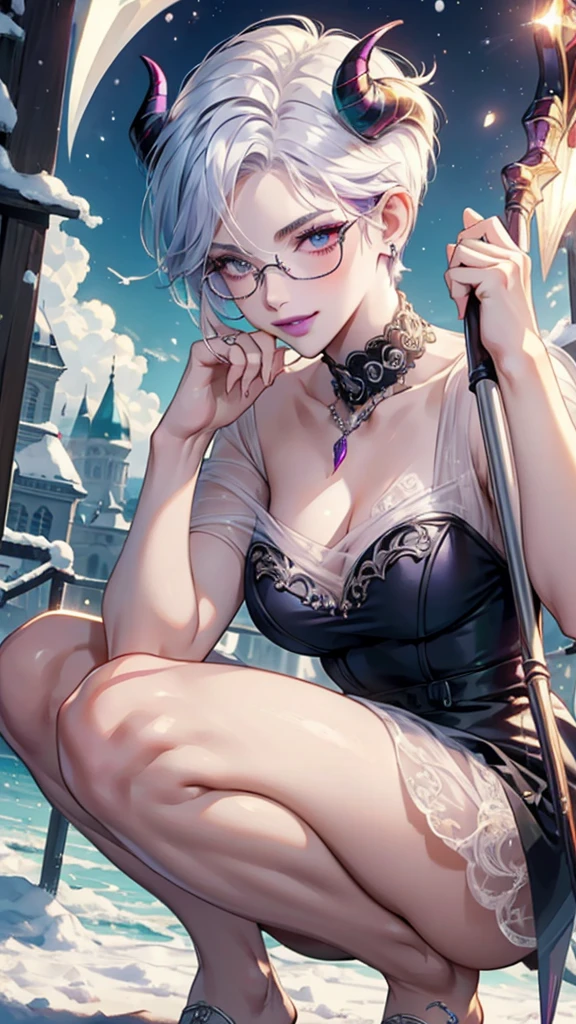 8k, masterpiece, best quality, highly detailed, 1 girl, devil, demon horns, warlock, pixie cut, white hair, multicolored hair, very short straight hair, red highlight hair on white hair, stippled hair, wearing glasses, round glasses, earrings, red eyeshadow, long eyelashes, blushed cheek, purple lips, pearl necklace, rings, collarbone, mole on face, glamorous, teal and purple queen clothes, naval piercing, fullbody view, sadistic smile, close up view, rings, looking at viewer, crouching pose, exposed nape, winter, blizzard, wearing crown, cronwed, see-thru clothes, both hands holding scythe, one leg stretching. 