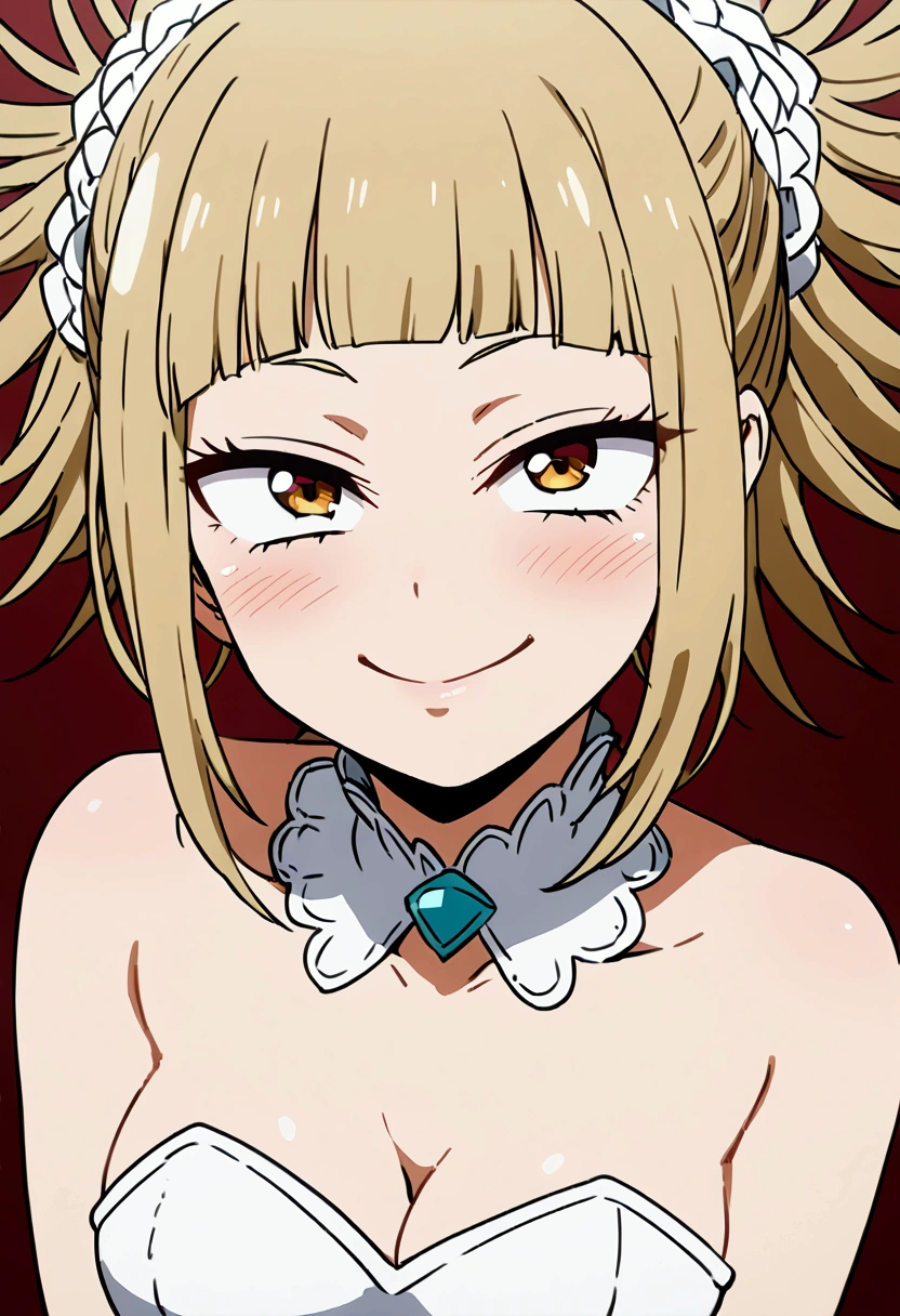 Himiko Toga and Ochako Uraraka from the anime boku no hero both wearing a sexy bride dress and looking to the camera with a naughty face