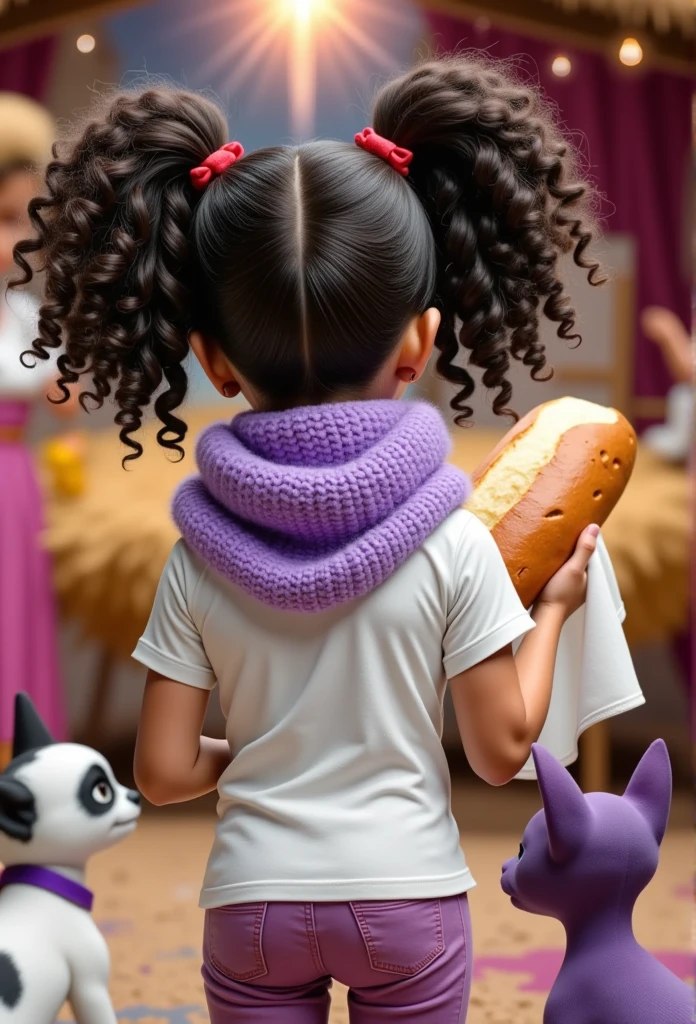 Inspired by the films of the characters in the posters of Disney Pixar, create the image of a girl with black curly hair tied in two ponytails with red ribbons wearing a lilac scarf wrapped around her neck to protect herself from the cold a white t-shirt holding a loaf of bread wrapped in a small white cloth she is facing the manger where the  Jesus is next to this baby Jesus are her parents Mary and Joseph next to them are a cow a sheep and a donkey the place is a simple stable but you can see that it is a well lit place the camera captures the girl from behind her back her two companions are also with their backs a black and white French bulldog puppy and a hairless purple cat of the Sphinx breed in the scene only the heads of the two animals appear