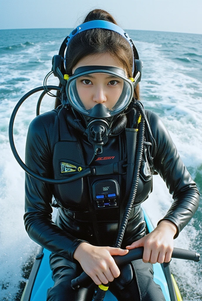 photo-realistic, ultra-realistic, very beautiful Japanese, famous Japanese idol, 20 years old, dramatic scene, masterpiece, beautiful eyes, (face focus, acrobatic closeup to her beautiful scuba-masked face:1.3), (extremely intricated with extremely complex cyber punk mecha armored full-face scuba mask with air hose:1.5), (wearing cyber punk mecha-suits with neon marker:1.5), (she is acrobatic jet skiing on the sea:1.5), (super big jump in the air over the huge waves:1.5), (fully equipped with scuba equipment:1.3), amazing view of huge waves, acrobatic pose, dynamic angle, spectacular, Nimble movements, Sharp turns, (very large breasts), 